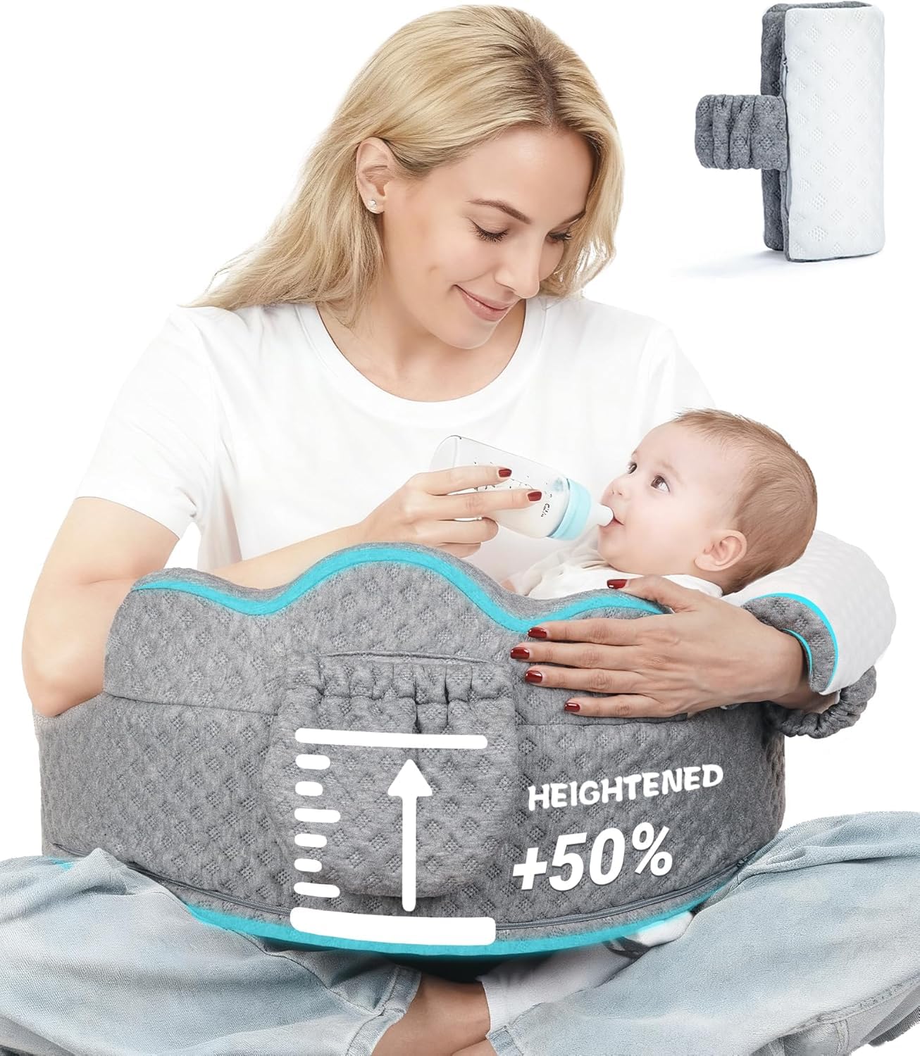 Mumykids Elevated Nursing Pillow with Arm Pillow, Ergonomic Safety Memory Foam Breastfeeding Pillow, Adjustable Strap, Wider Cushion, Removable Cover