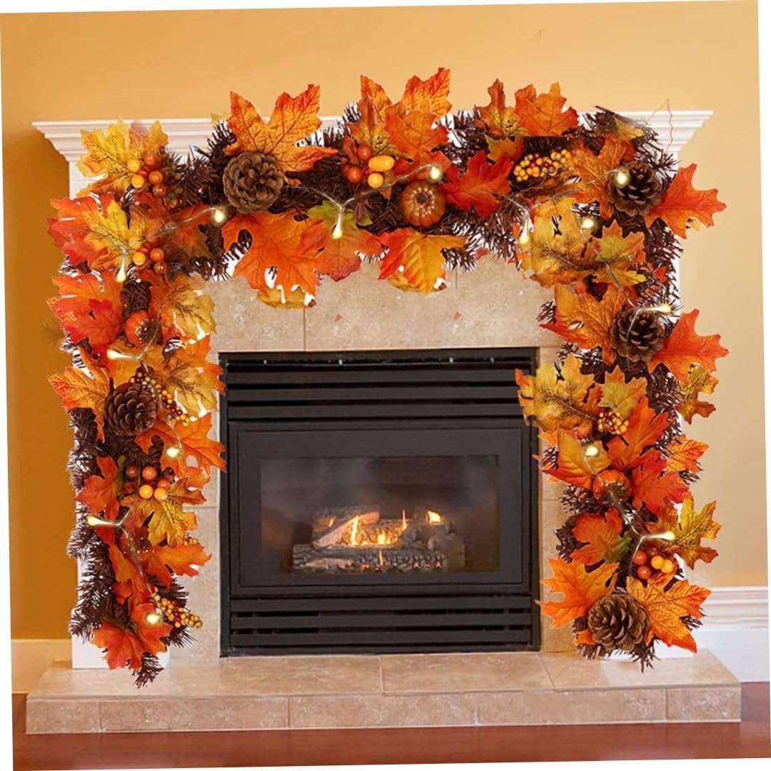 Halloween Decorations Fall Garland 5.9ft Maple Leaves Autumn Garland with Light Artificial Pumpkins Berry Pine Cones Ornament for Halloween Christmas Thanksgiving Party