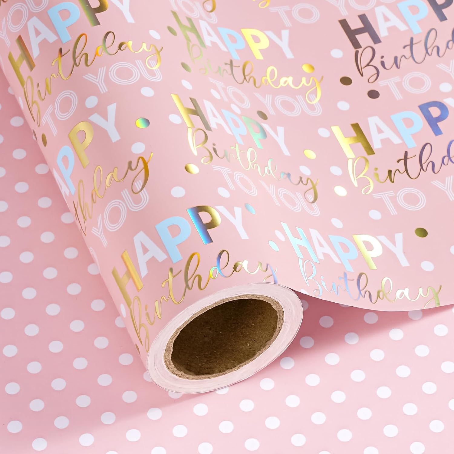 WRAPAHOLIC Jumbo Reversible Birthday Wrapping Paper - 30 Inch x 33 Feet - Rose Gold Foil and Iridescent Happy Birthday Wrapping Paper for Girls, Women, Baby Shower Happy Birthday - Rose Gold & Polka Dot 30 inch x 33 feet