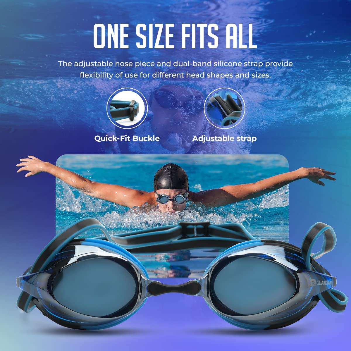 Schwimmbrille für Erwachsene, für Schoßbecken, Anti-Beschlag-Schwimmbrille für Erwachsene, Männer und Frauen, transparent, kein Auslaufen, Wasserbrille (Blau/Schwarz)