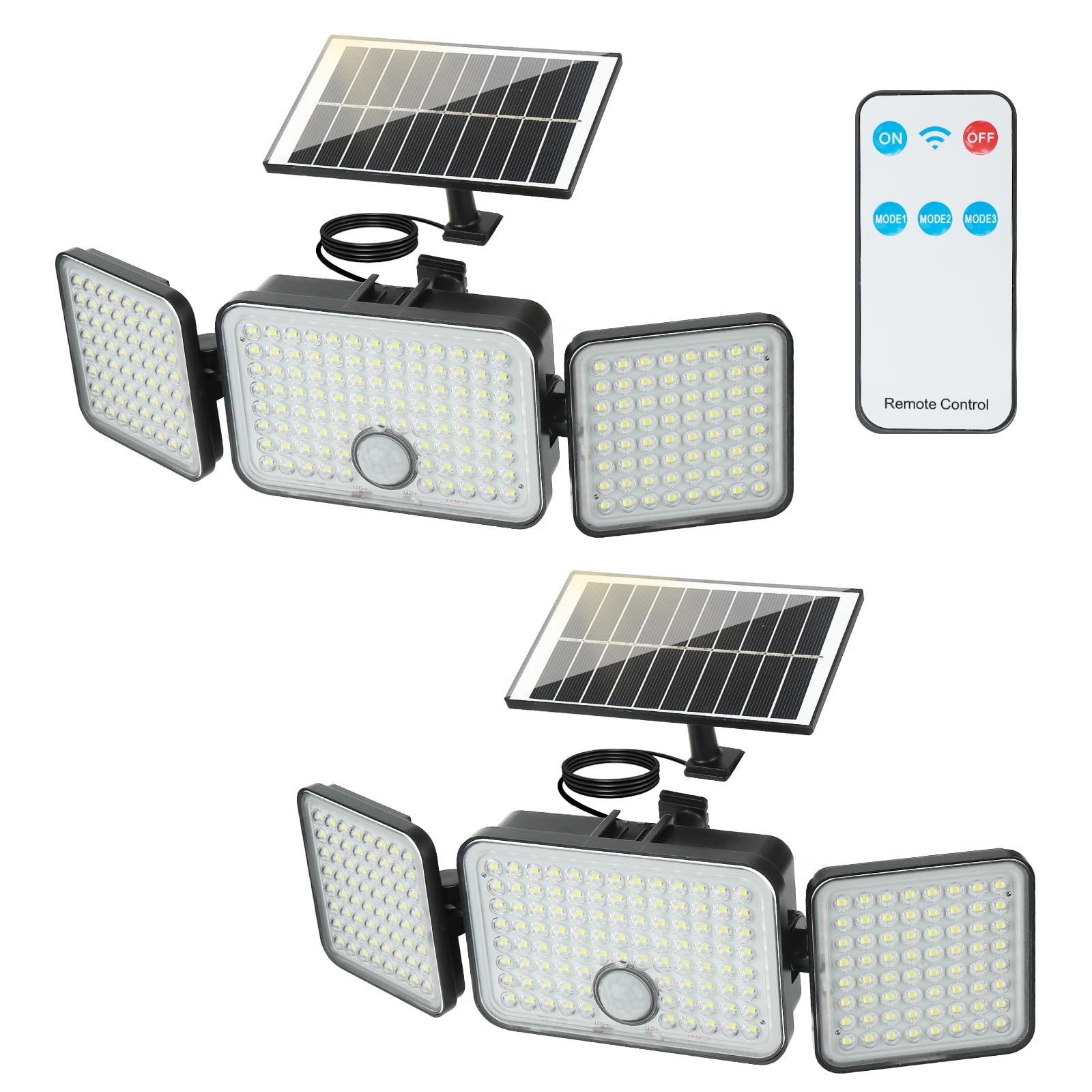 hixyer Solar Lights Outdoor Garden 2 Pack, 2000LM Remote Solar Security Light with Motion Sensor Waterproof Solar Flood Lights, 270° Wide Angle Wall Lights with 3 Head for Patio Yard Garage Indoor