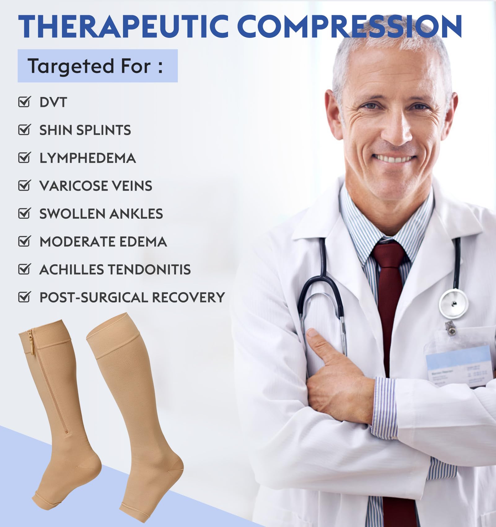 KEKING Medias de compresión médicas con cremallera, opacas, punta abierta, 2030 mmHg, calcetines de compresión graduados de rodilla y pierna alta, soporte para pantorrillas, unisex, DVT, venas
