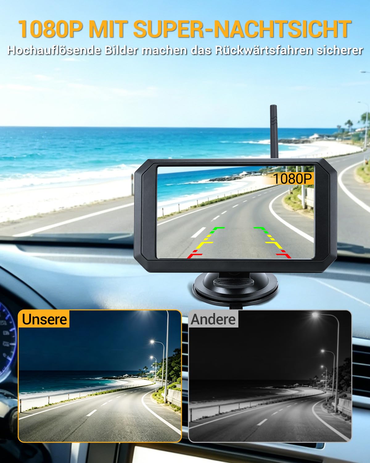 5" 1080P Rückfahrkamera mit Monitor Rückfahrkamera Kabellos Einparkhilfe hinten Kamera mit Monitor und Zigarettenanzünderschalter für Auto, LKW Van SUV IP69 Wasserdicht