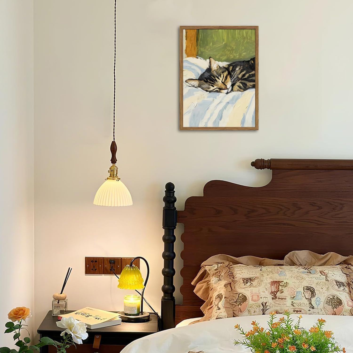 Cute Cat Wall Art, Funny Tabby Cat Sleeping in Bed Wall Decor Painting, Funky Tabby Cats Pet Pictures Vintage Animal Poster Canvas Prints, for Living Room Bedroom 12x16 inch Wood Framed image 4