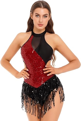 iiniim Leotardo de baile de jazz latino con borlas y lentejuelas brillantes para mujer, traje de baile lírico cruzado en la espalda