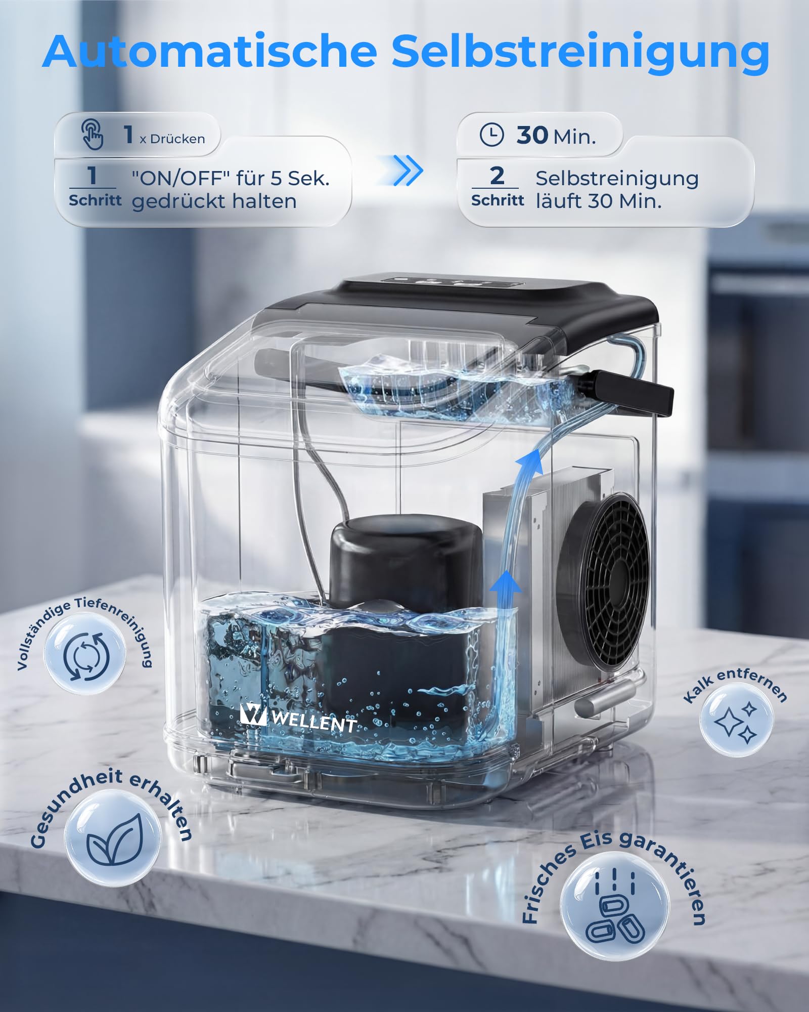 WELLENT Eiswürfelmaschine Klein – Ice Maker mit Selbstreinigung & 2 Größen, 8 Würfel in 6 Min (12kg/24h) – Tragbarer Tisch-Ice Maker für Küche, Büro, RV, Bar, Camping & Fußballabend