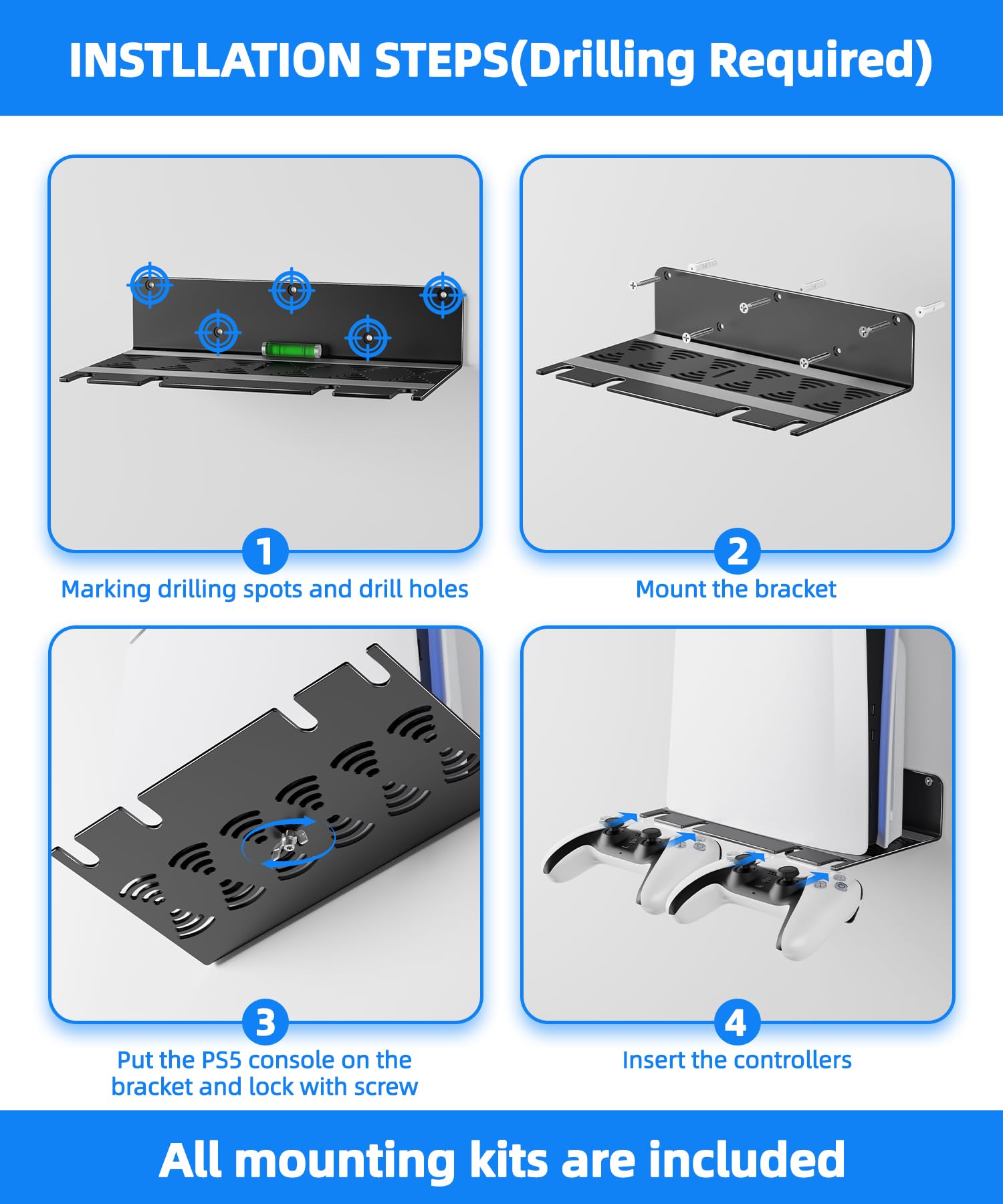 PS5 - Soporte de pared de aleación de aluminio compatible con todas las generaciones de PS5, sostiene dos controladores, disipación de calor sin obstáculos, accesorios universales para sala