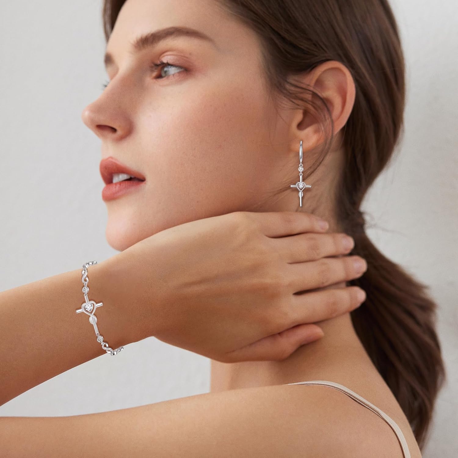 FANCIME Gift for Women Cross Dangle Drop Earrings 925 Sterling Silver Heart Birthstone Earring Fine Jewelry Birthday Gifts for Her Women - Image 3