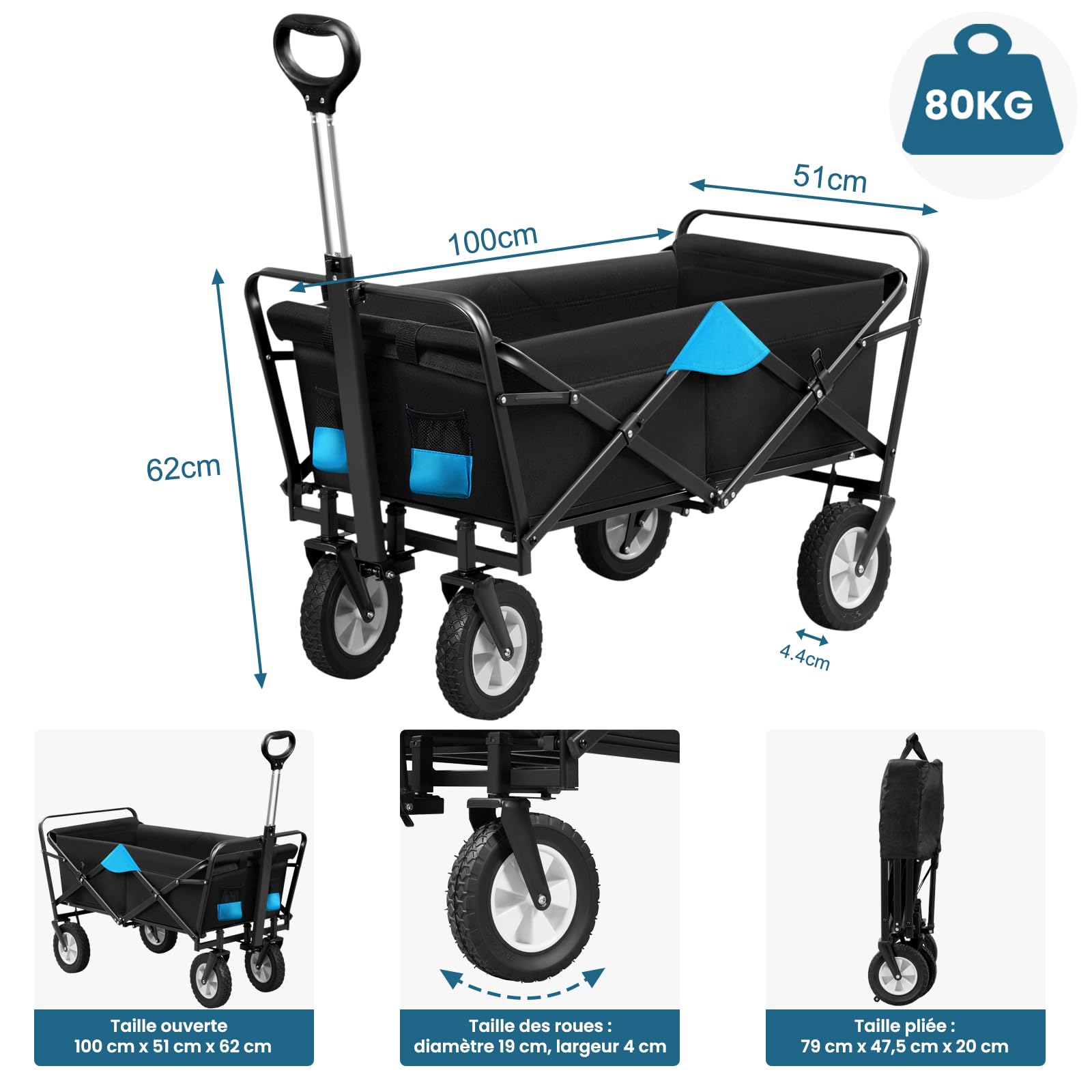 EUGAD 0009HC Chariot de Transport pour Jardin Max. 80kg Chariot Pliable à 4 Roues Tissu Oxford Anthracite+Turquoise