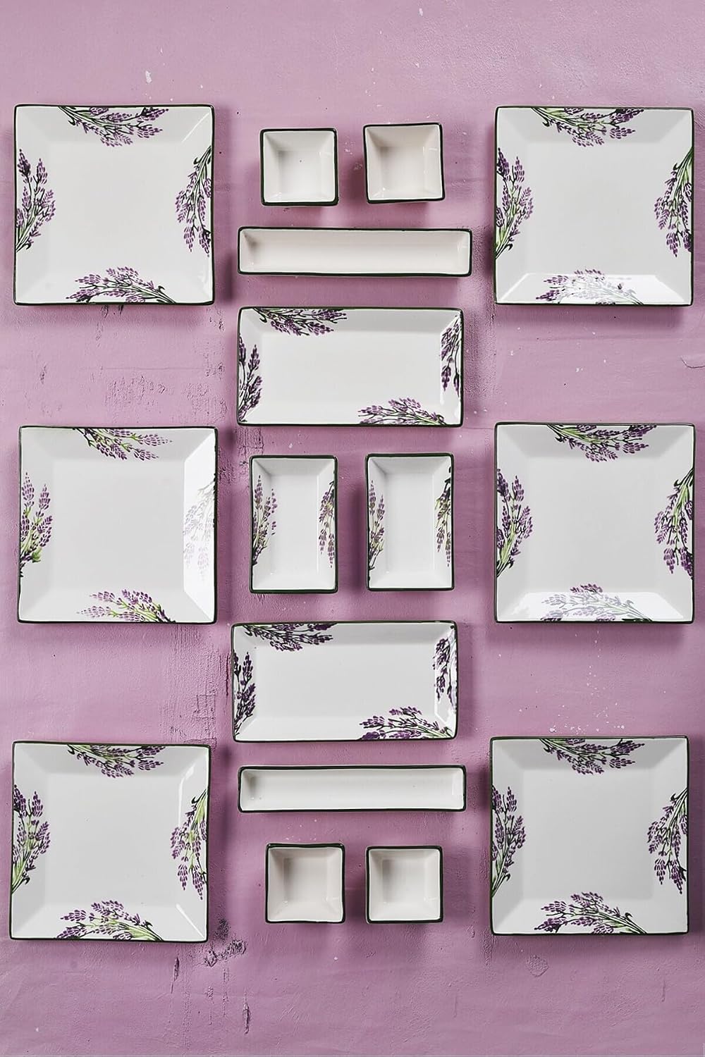 Breakfast Set 16 Piece Lavender Design Handmade Serving Plates for 6 People, Ceramic, BPA Free, Nature Theme - Purple, One Size