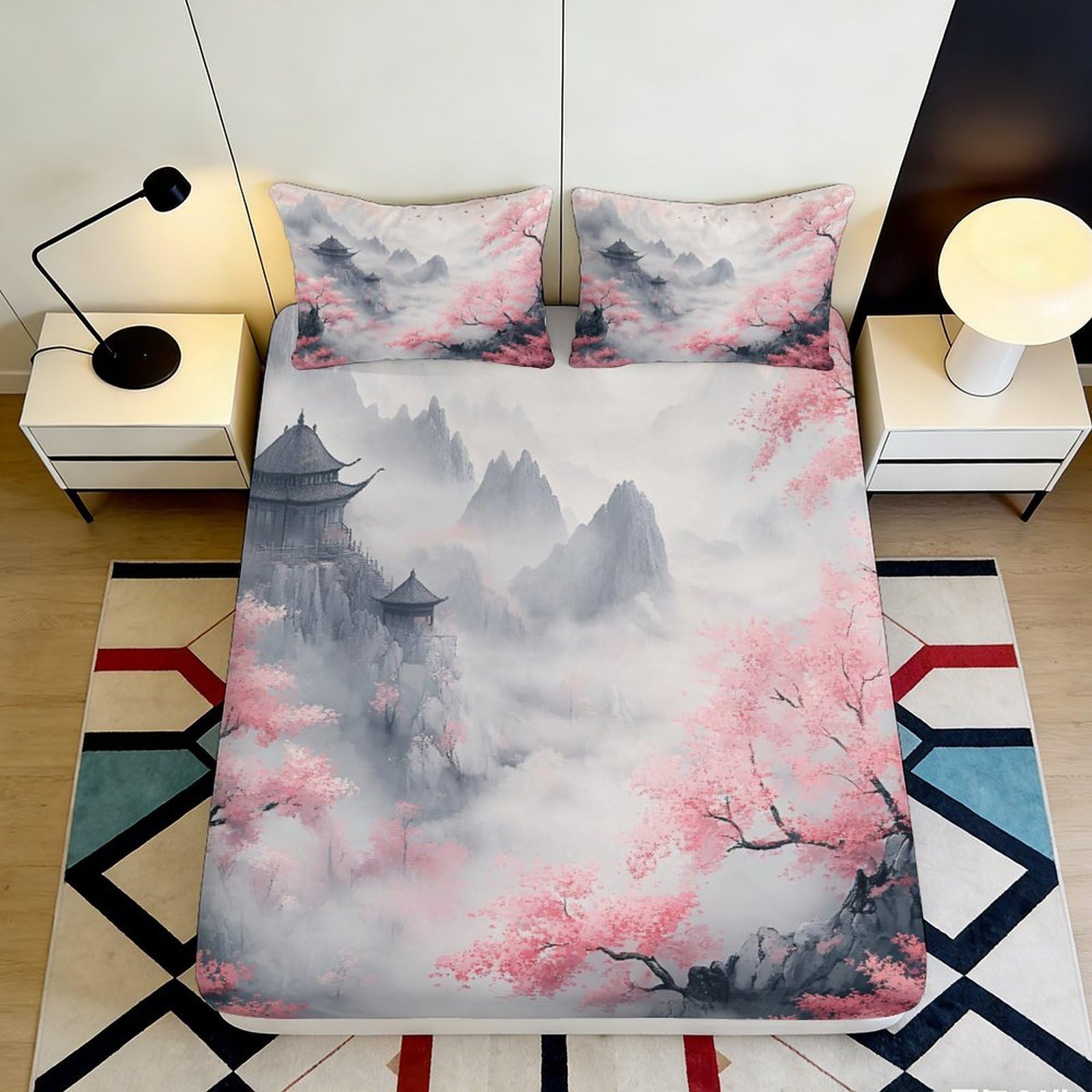 3D Printed Oriental Landscape Fitted Sheet Microfiber Pink Blossom Bed Cover for Bedroom Guest Room Decor Machine Washable 90x200x25cm