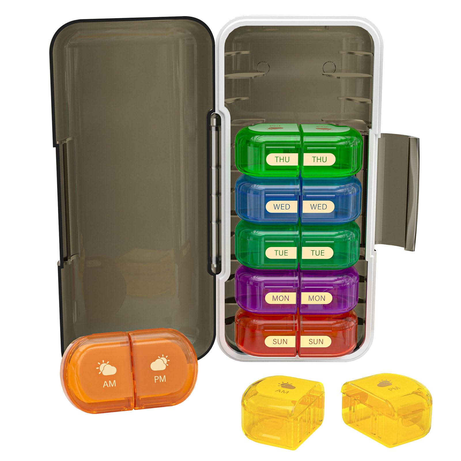Pastillero semanal 2 veces al día, organizador de pastillas de 7 días, contenedor ligero de viaje para píldoras, vitaminas, medicamentos, suplementos, aceites de pescado, cápsulas (2 x 7, negro