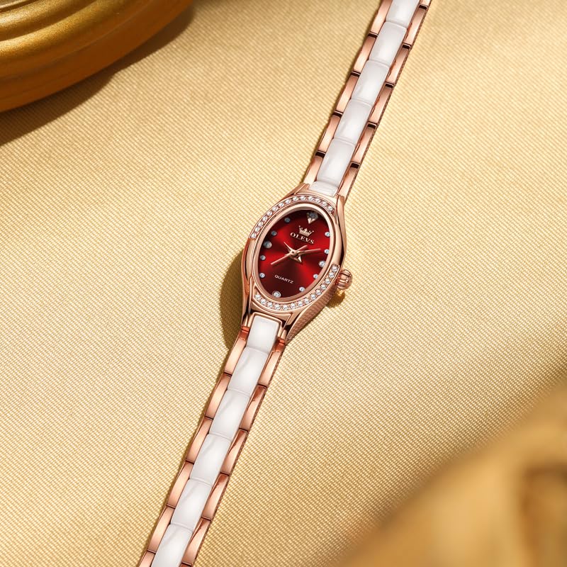 Image of OLEVS Women's Quartz Watches - Elegant Oval Diamond Dress Watch with Ceramic Band, 30M Waterproof Ladies Wrist Watch for Dress & Casual Wear (Rose Gold Blue /Red /Purple /White)