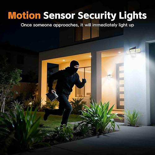 Miniatura 7 de Luces solares para exteriores 336 LED, luz de pared de seguridad con sensor de movimiento con control remoto, diseño ajustable de 4 cabezales