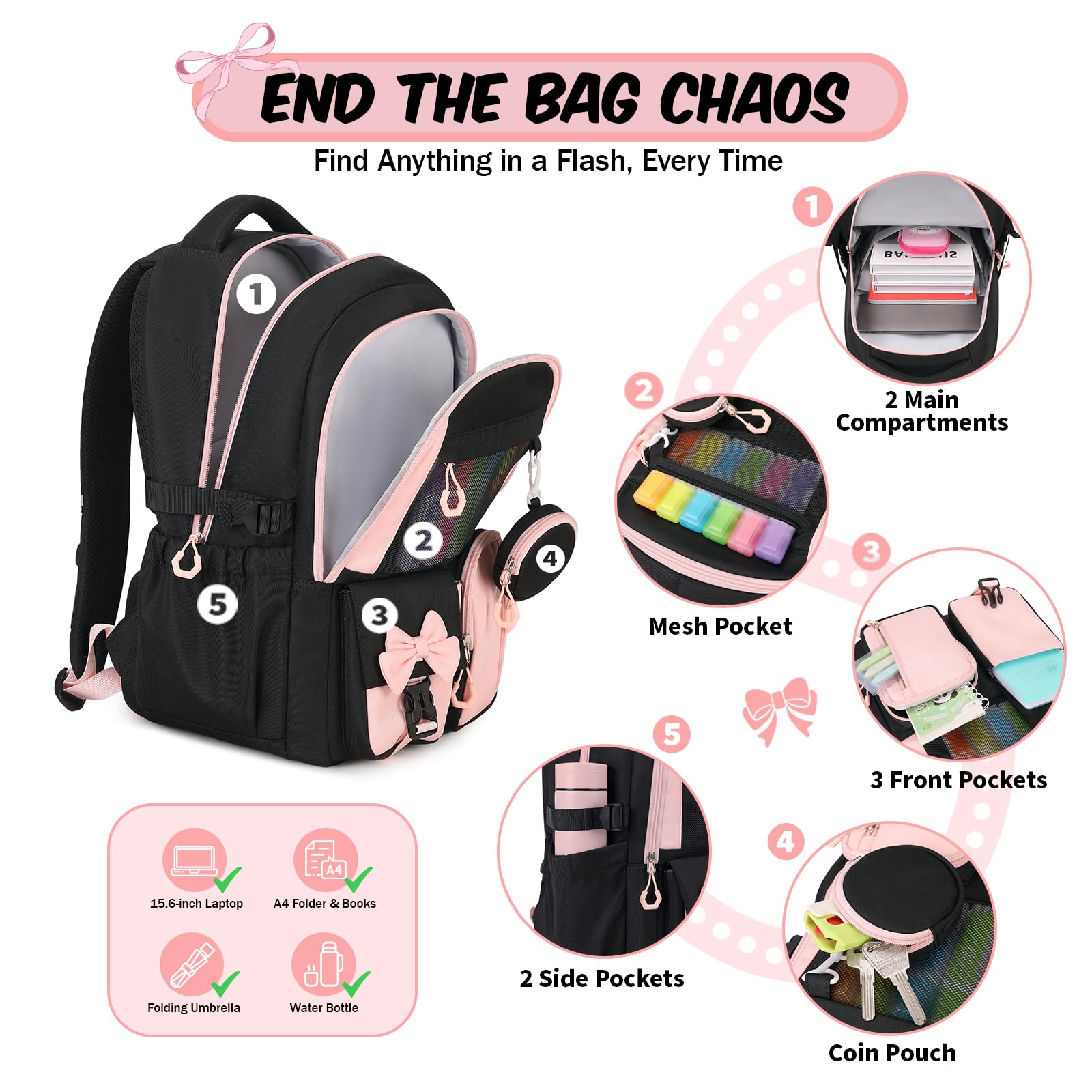 Amythe Schulrucksack für Mädchen 3.-7. Klasse mit Trolley-Gurt, Rosa | Wasserdichter Schultasche für Mädchen 9-16 Jahre mit Reflektoren & Münzbeutel, Leichter Modischer Rucksack für Schule Reise