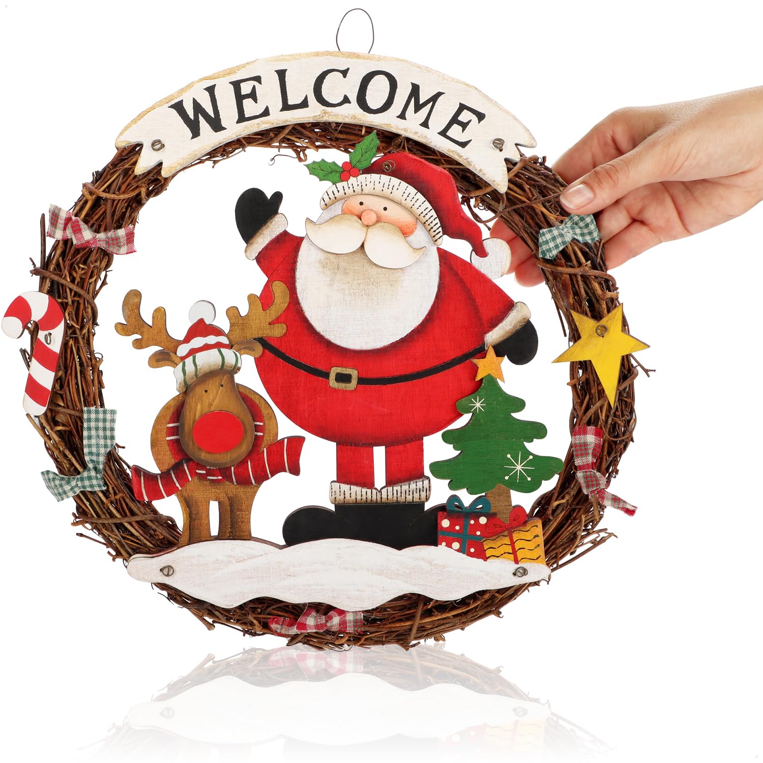 COM-FOUR® Corona navideña Trenzada - Corona de Puerta Welcome para Navidad - Decoración navideña para Colgar - Corona de Madera Aprox. Ø 30 cm (Papá Noel - L)