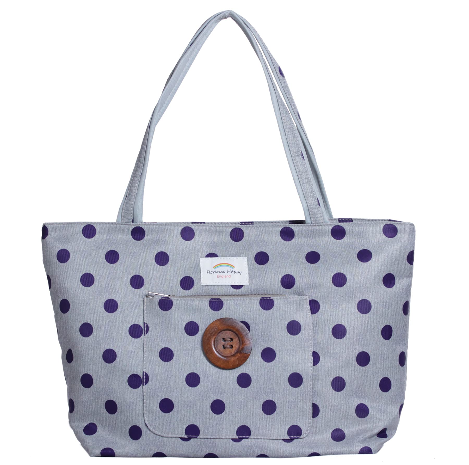 Florence Happy @ England Stripe Floral Canvas Waterproof Tote Shoulder Everyday Bag Holiday Beach Free Purse Large Shopping Shopper (Light grey blue spot waterproof tote bag)
