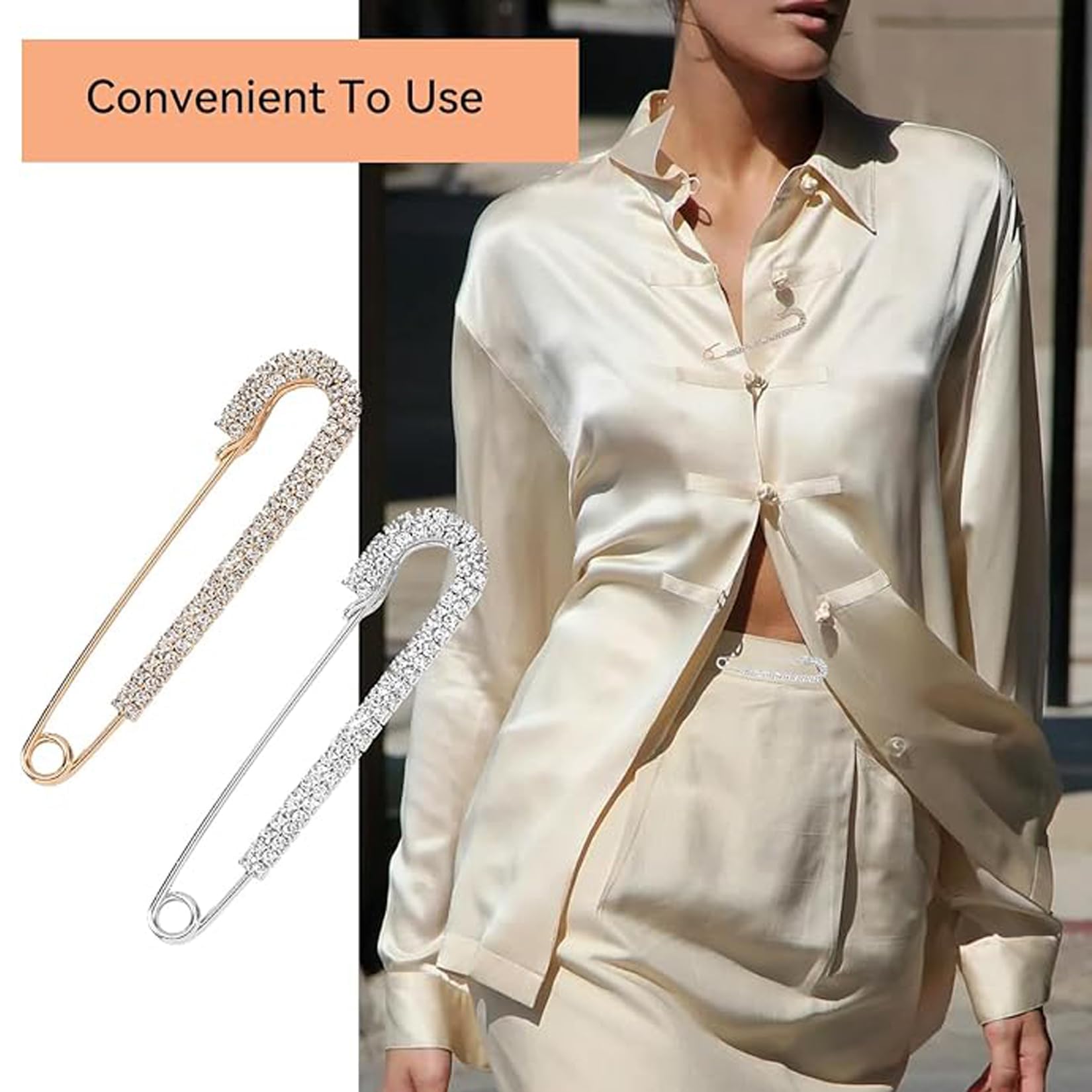 2 Pièces Broches & Épingles à Revers pour Femmes 7CM Épingles de Sécurité Or Argent Broche à Col Rétrécir pour Robe Pantalon Jupe Taille Décoration Accessoire