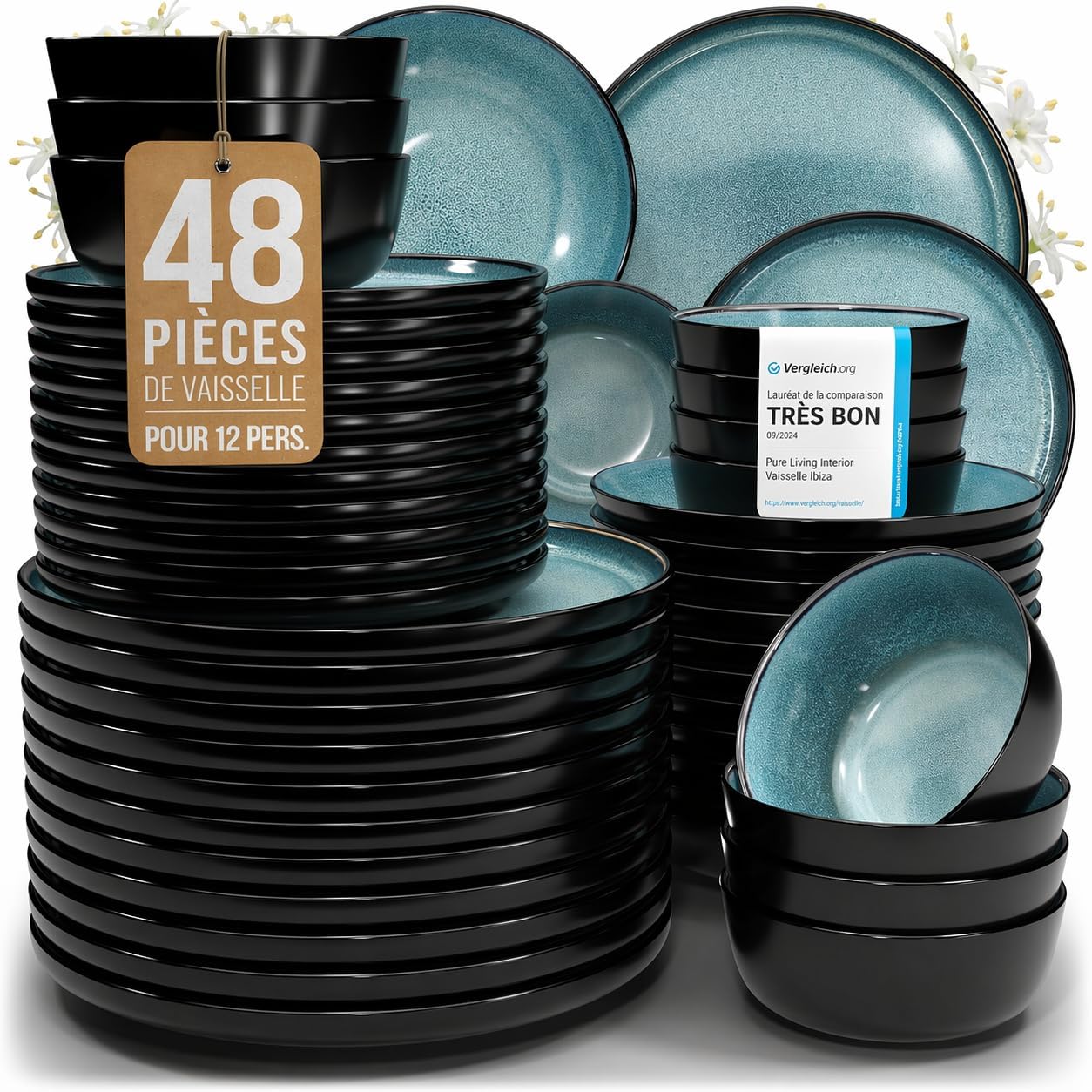 Ibiza 48-Piece Stoneware Crockery Set for 12 People, High-Quality Mediterranean Stoneware Tableware Set, Bowl and Plate Set, Dinner Service for 12 People, Pure Living in Petrol