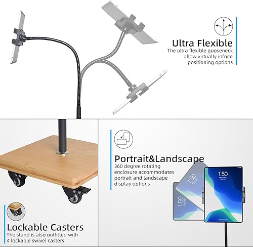 Miniatura 7 de wishacc Soporte de suelo para tablet para cama, cuello de cisne con altura ajustable y 4 ruedas, compatible con iPad mini Air Pro 12.99.7, Galaxy