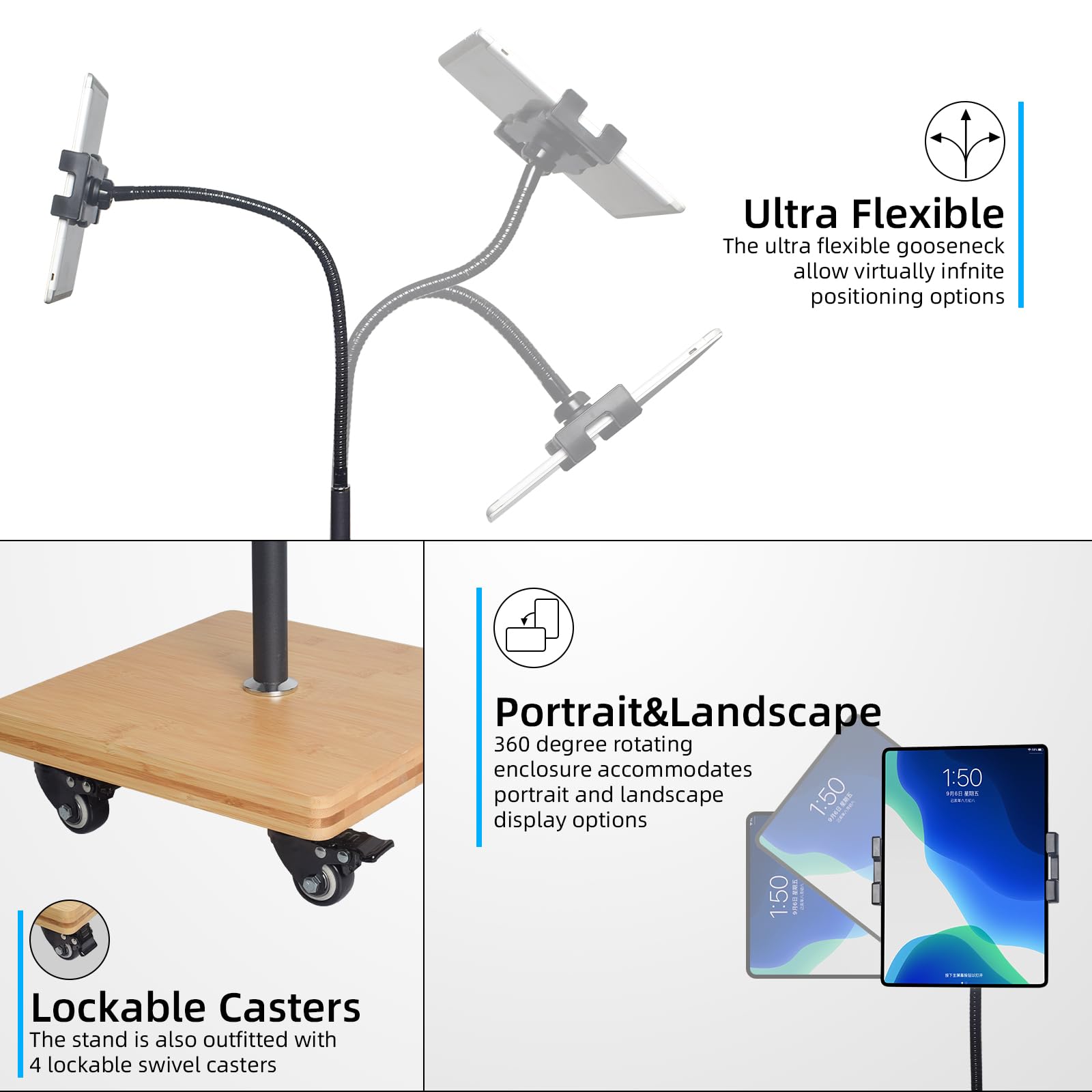 wishacc Tablet ständer für ipad pro 12.9 stativhalterung - Tablet-Bodenständer mit Rollen Schwanenhals Halter mit Einstellbarer Höhe und Stabiler, für mit 4.7-13 Zoll