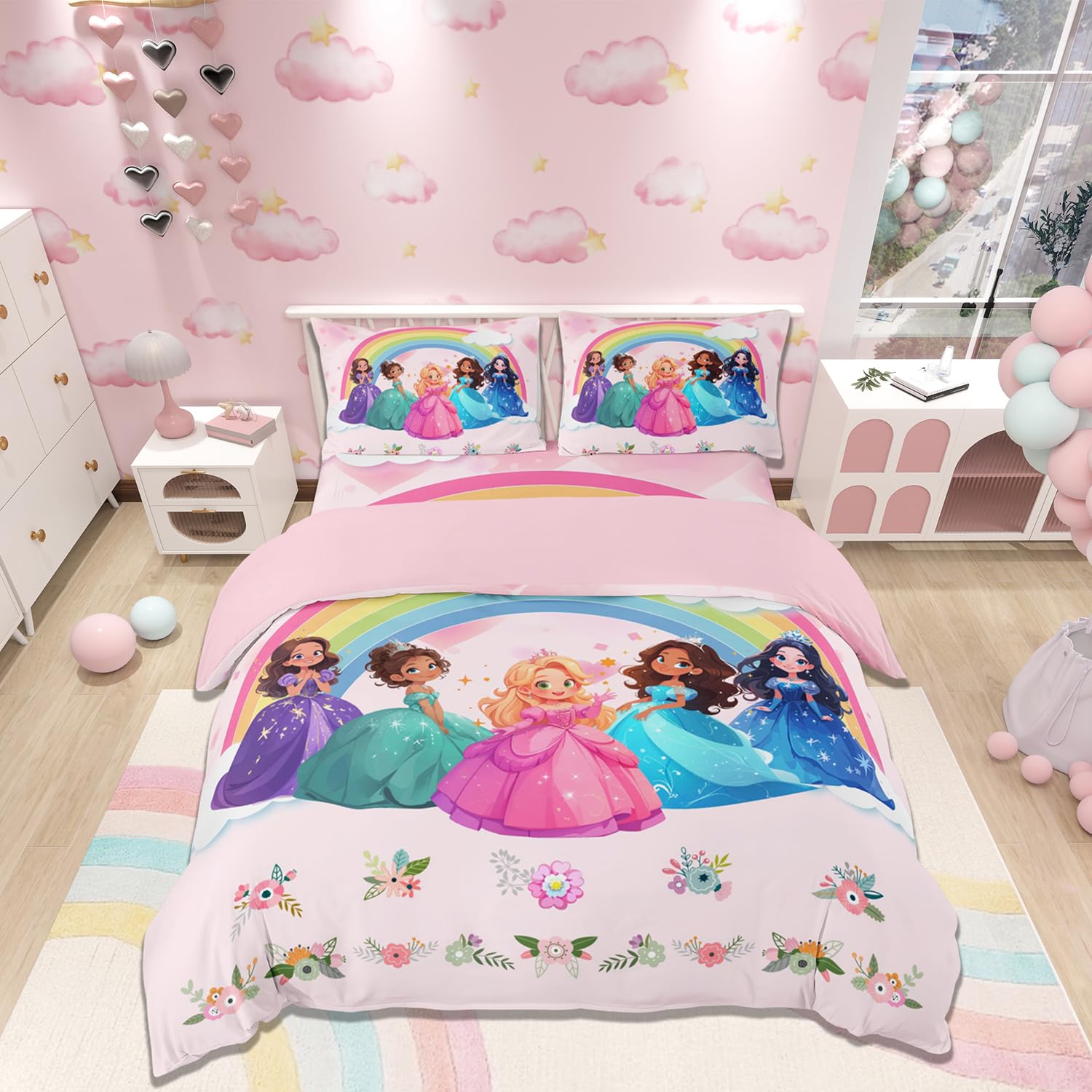 Loussiesd Princess Duvet Cover Single Size Fairy Bedding Set for Boys Girls Children Rainbow Kawaii Comforter Cover Room Decor Breathable Soft Microfiber All Season 2Pcs