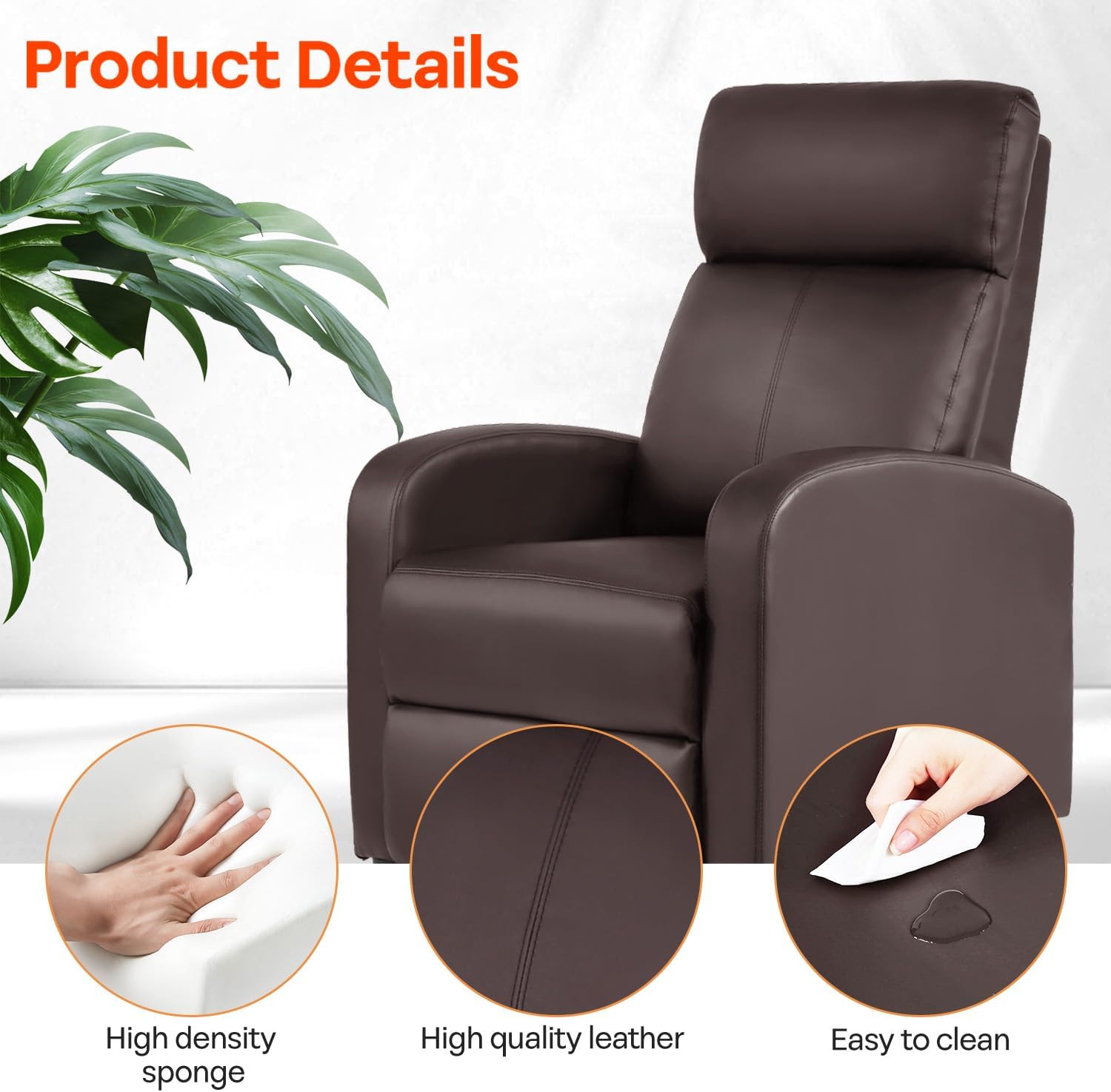 Close-up images showing the high-density sponge, high-quality PU leather texture, and a hand wiping the leather, indicating it's easy to clean.