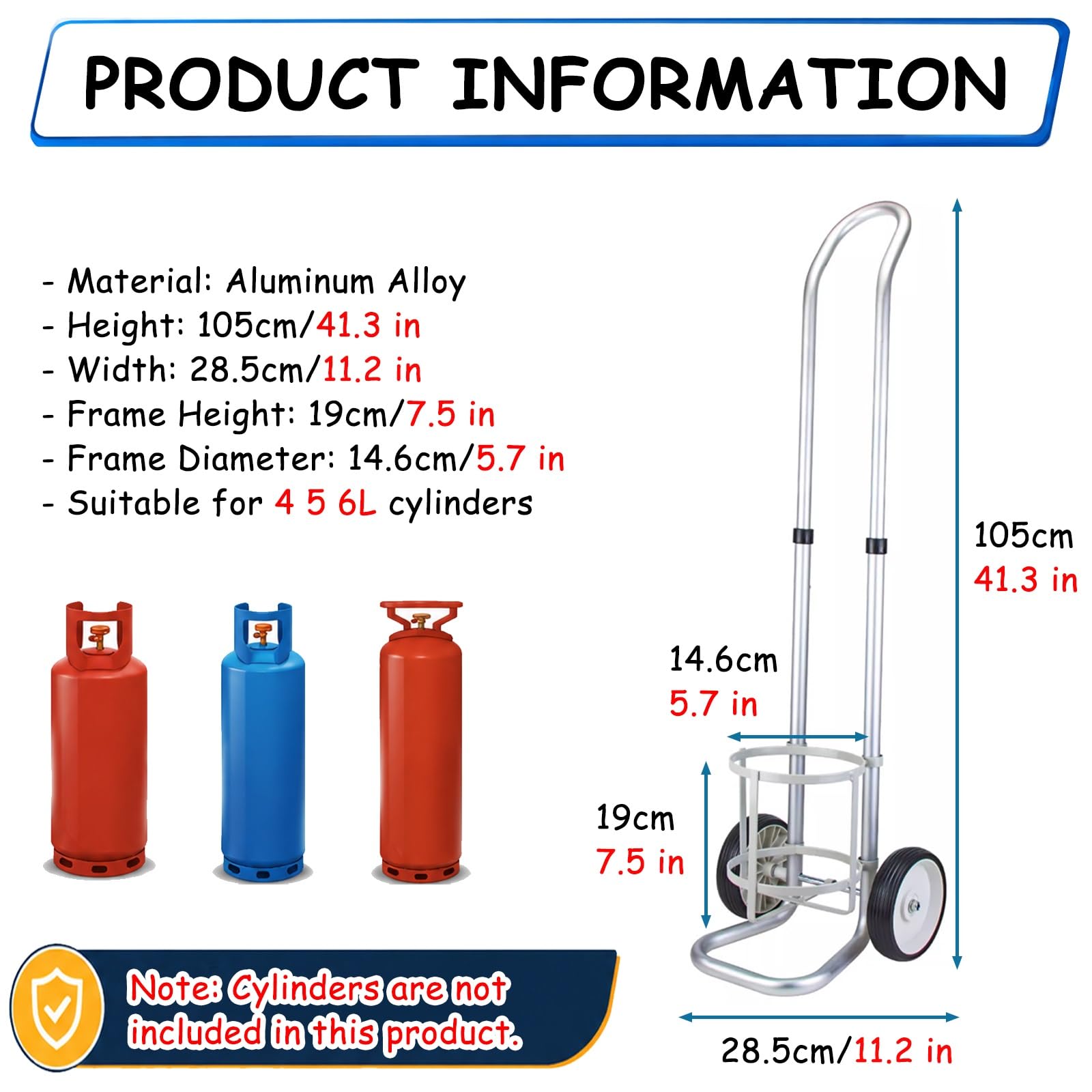 Carro de Cilindro Ligero con Ruedas Dobles, camión de Mano de Altura Ajustable para Cilindros de Gas, Rack Seguro para Botellas de 2 a 20L, Ideal para Laboratorios y Soldadura