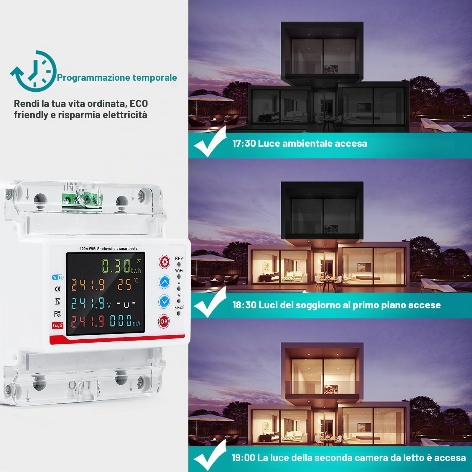 Wifi Misuratore di consumo elettrico 100A 220V AC Contatore Elettrico Wifi Meter Bidirezionale Tuya APP Smart Contatore Luce Sub/sovracorrente/ritardo/tempo/protezione contro le perdite.