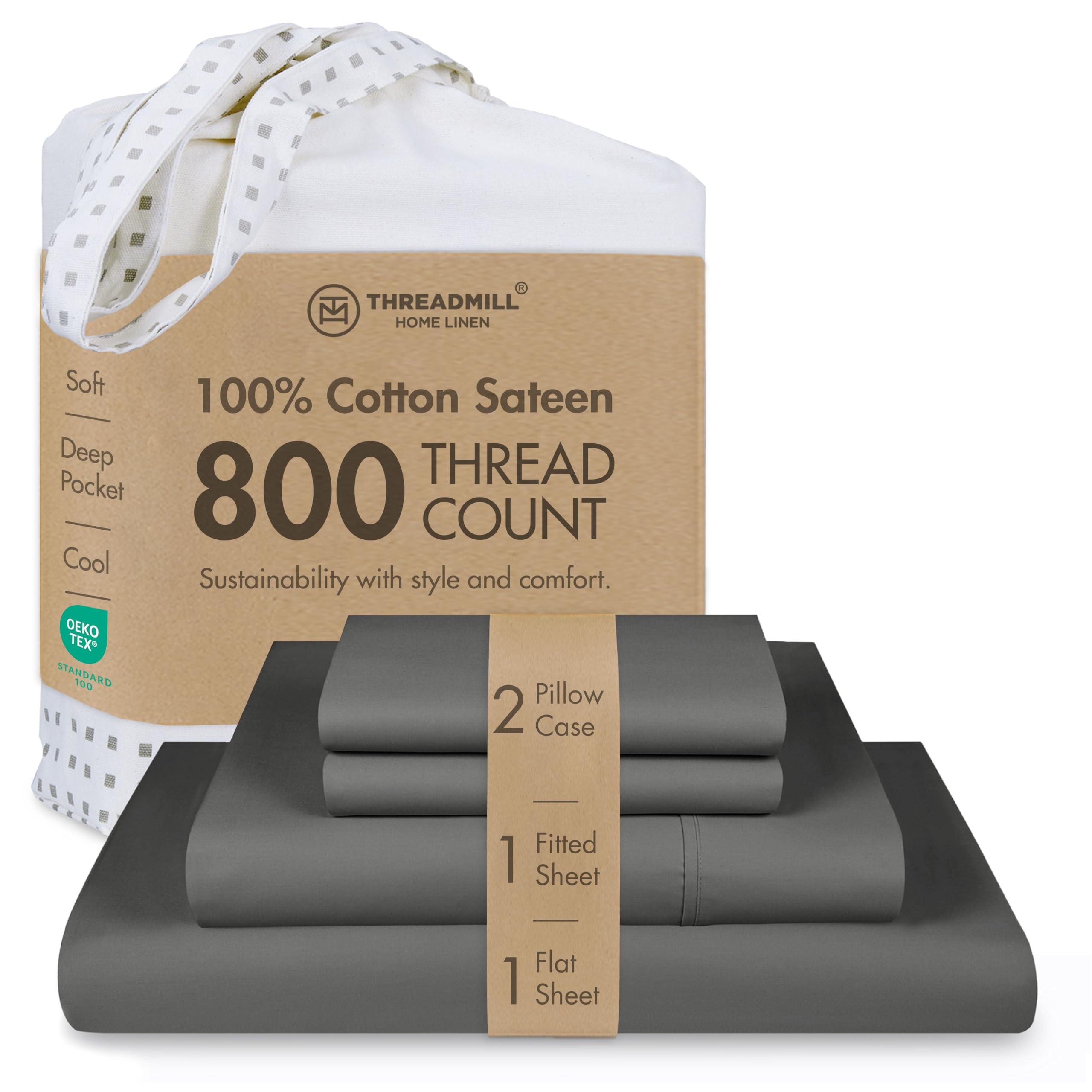 Juego de Ropa de Cama en satén de 800 Hilos, 100% algodón, Juego de Ropa de Cama de 4 Piezas, sábanas Lisas, Tejido en satén, tamaño Grande, Color Blanco, de Threadmill Home Linen.