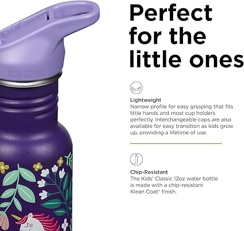 Miniatura 4 de Klean Kanteen Botella de agua clásica para niños de 12 onzas con tapa deportiva y popote de sello abatible, tapa 100% a prueba de fugas, material de