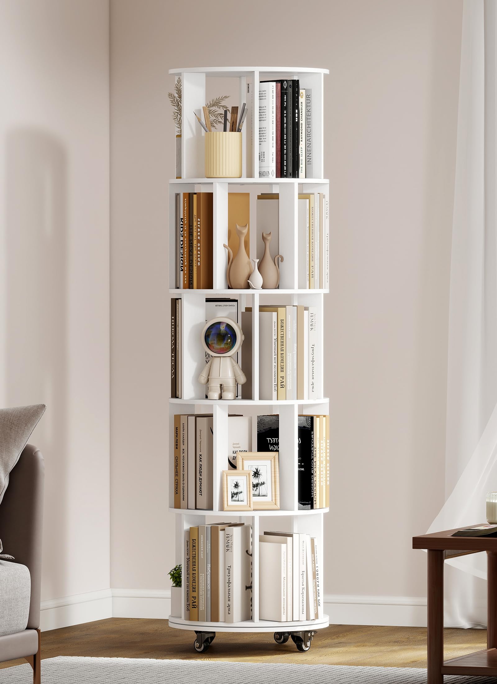 yeshine Rotating Bookshelf, 5-Tier Corner Bookcase, 360° Revolving Bookcase with Wheels, Revolving Book Shelf Tower with 4 Castors, 46 x 46 x 165.5 cm, White