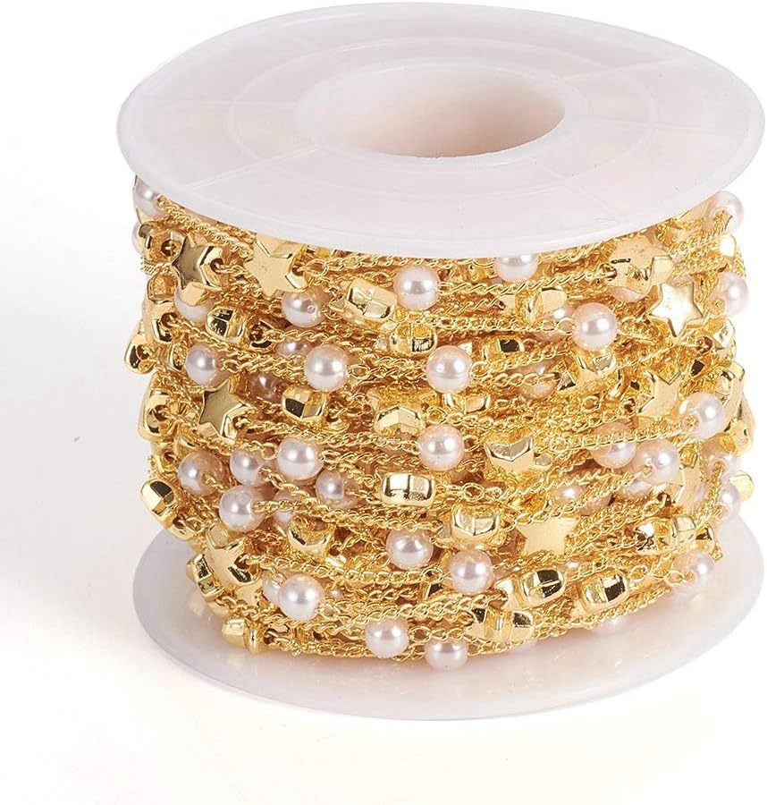 Kissitty 32.8 Feet/Roll Real 18K Gold Plated Curb Chains Link with Pearl Bead and Star 2x1x0.8mm