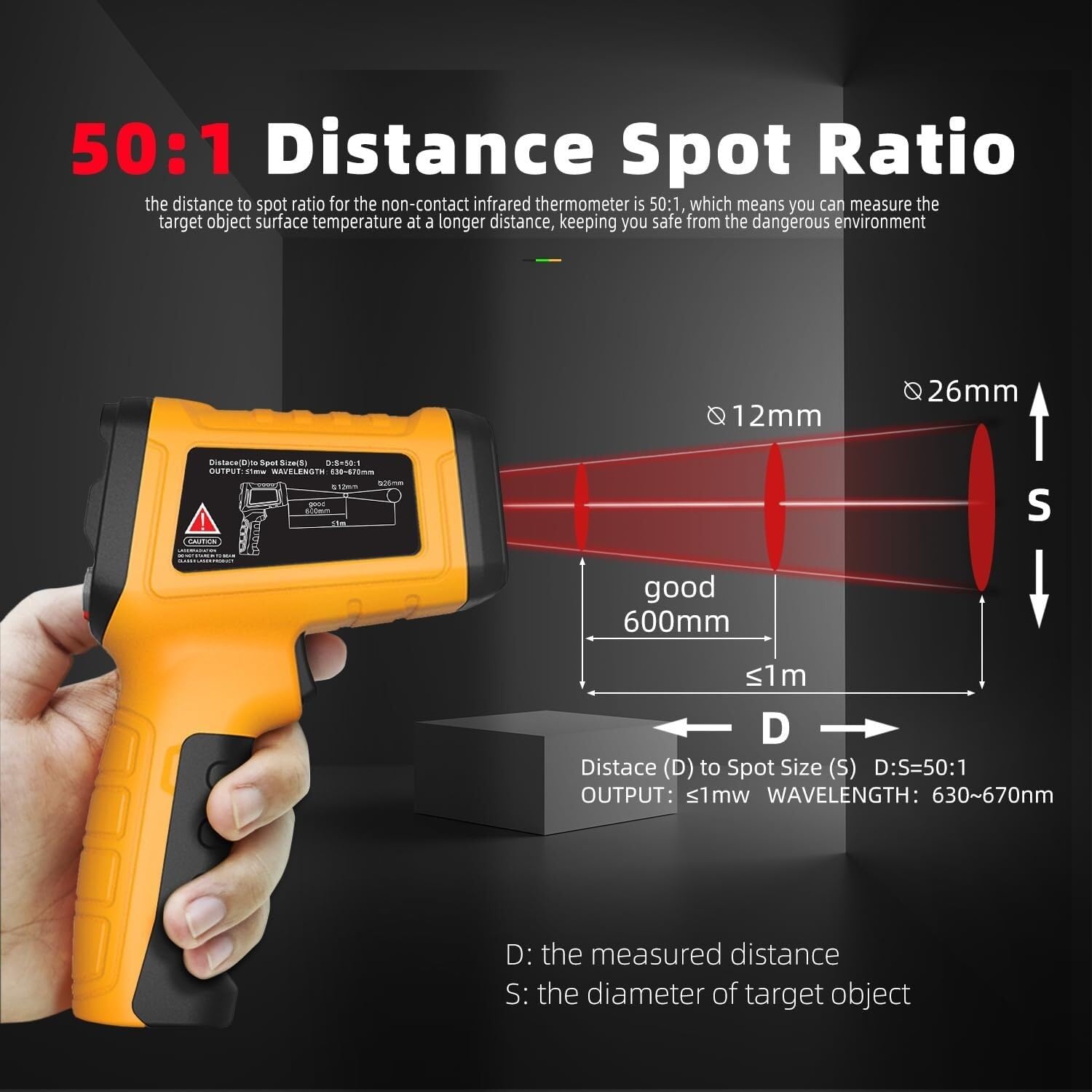 Termometr laserowy na podczerwień z pistoletem -58℉~2552℉(-50℃~1400℃) Przenośny cyfrowy 50:1 z kolorowym wyświetlaczem LCD, alarmowy pirometr do pieców przemysłowych
