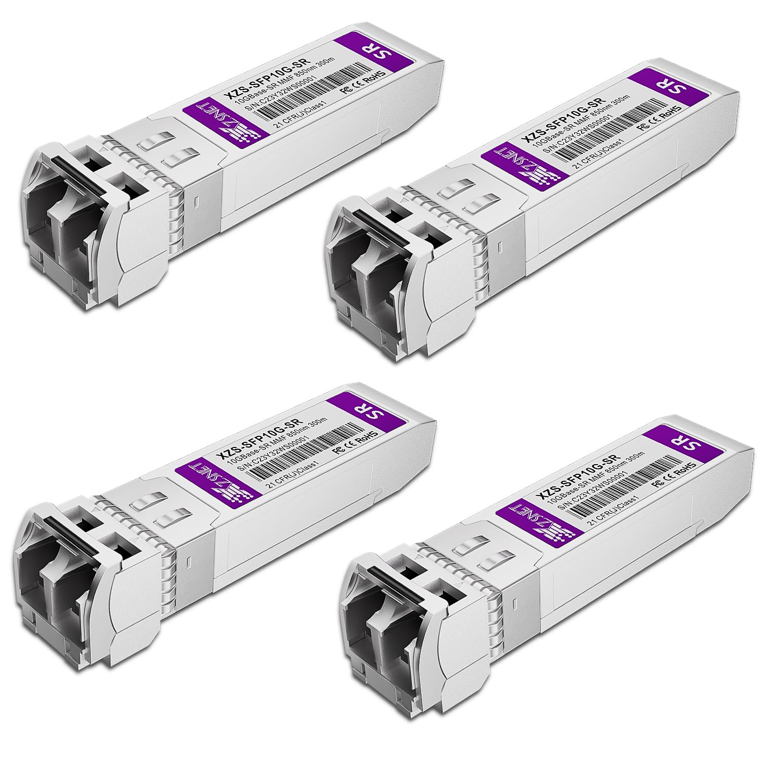Lot de 4 émetteurs-récepteurs SFP+ 10GBASE-SR SFP+, module fibre multimode 10 G SFP+ vers LC compatible avec Cisco SFP-10G-SR, Ubiquiti UniFi UF-MM-10G, Mikrotik S+85DLC03D, Meraki, Netgear, D-Link et