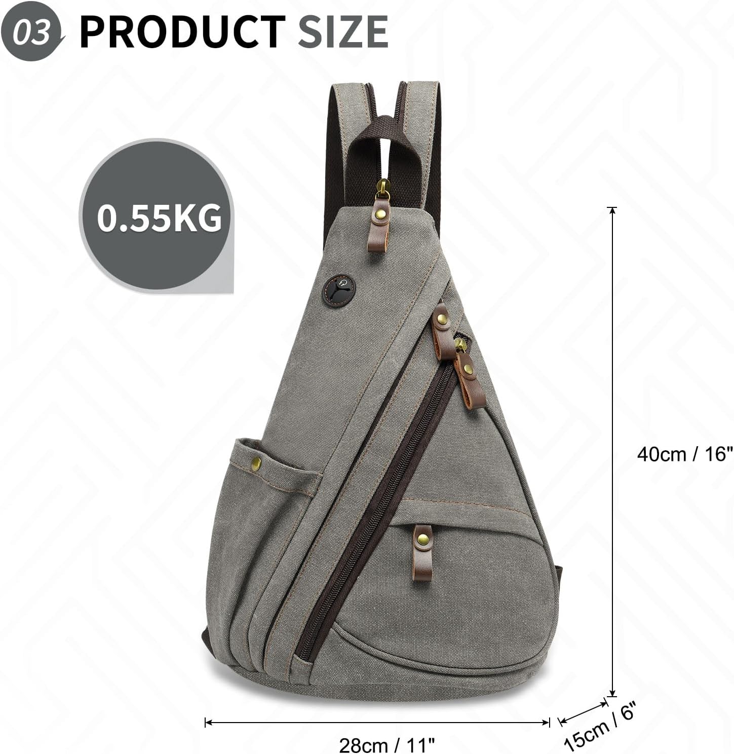 Vintage Canvas Sling Bag with Genuine Leather Zipper, 3 in 1 Crossbody, Backpack, and Chest Bag, for Travel, Hiking, 16x10x6 Inches, Gray - Image 4