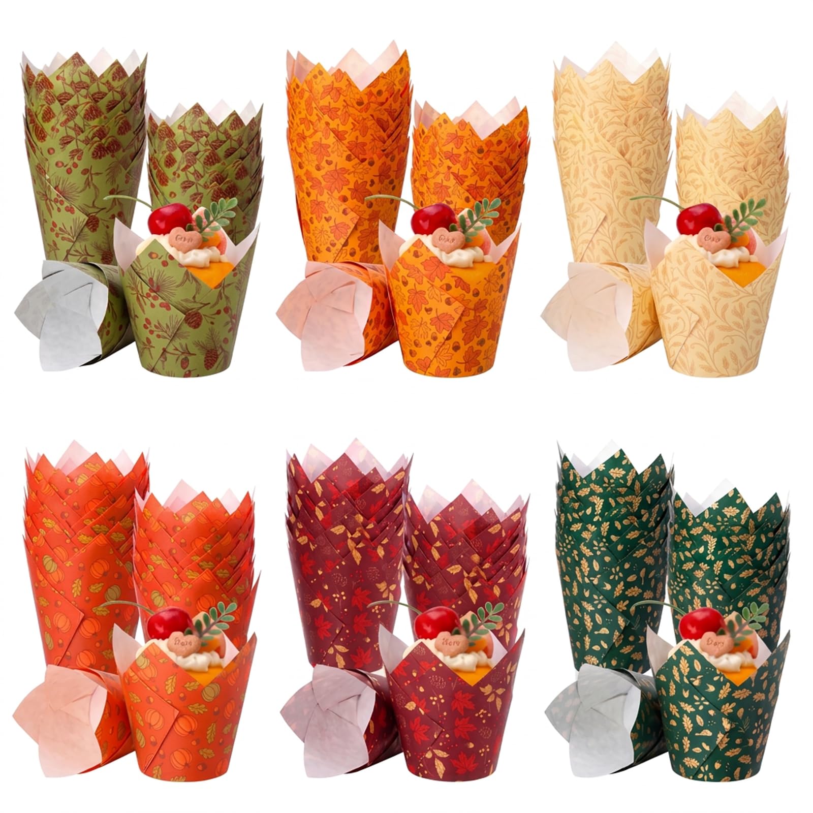 Newtay Tulip Cupcake Liners Bulk, Fall Leaf, Vintage, 240 Pcs