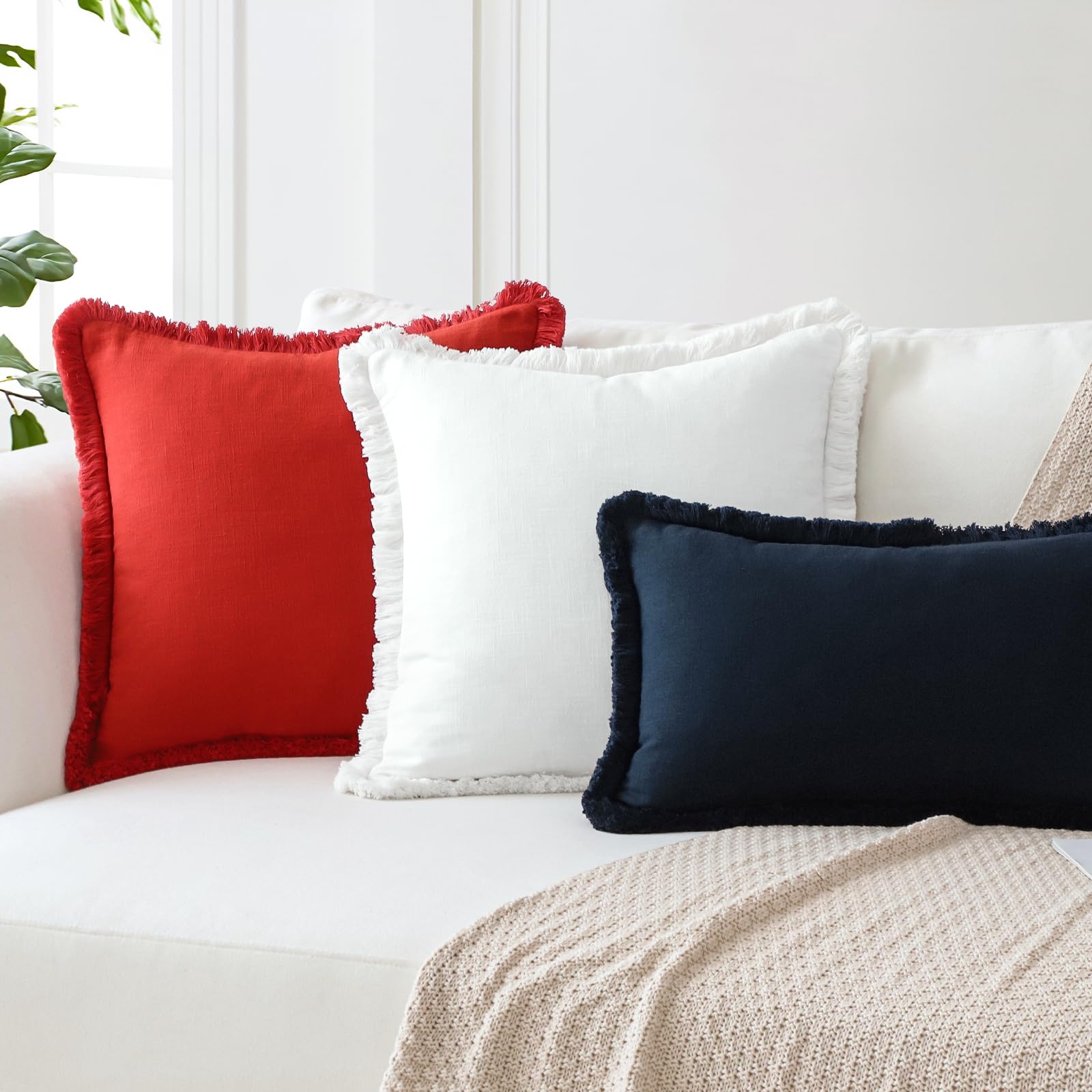 OTOSTAR Set di 2 federe decorative in lino con frange, 30 x 50 cm, morbide federe per cuscino lombare, con nappe, decorazione per la casa, per divano, patio, letto, soggiorno, blu navy