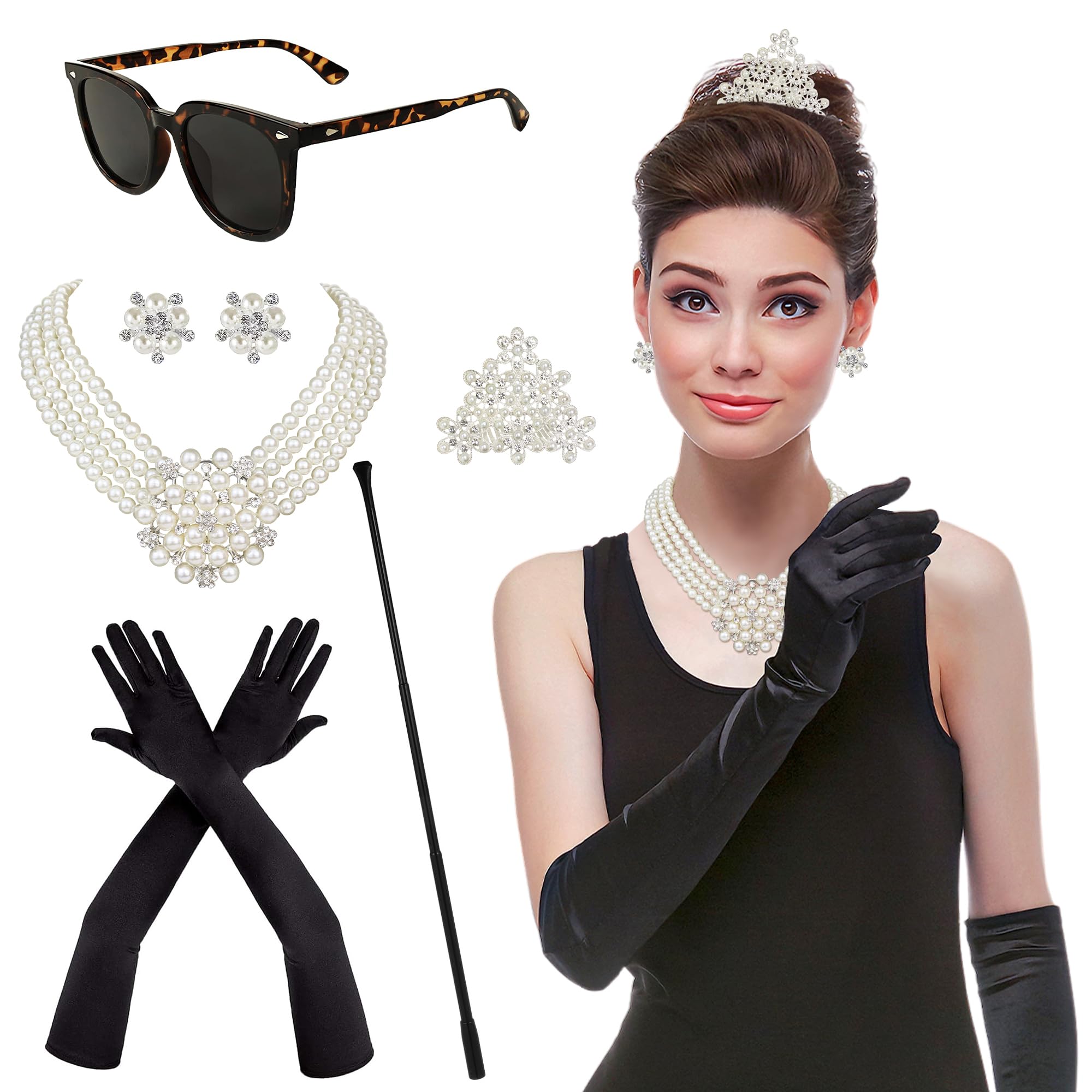 Horolam 6PCS Holly Golightly Accessories, 60s Retro Accessories for Women Pearl Necklace Earrings Holder Gloves Sunglasses