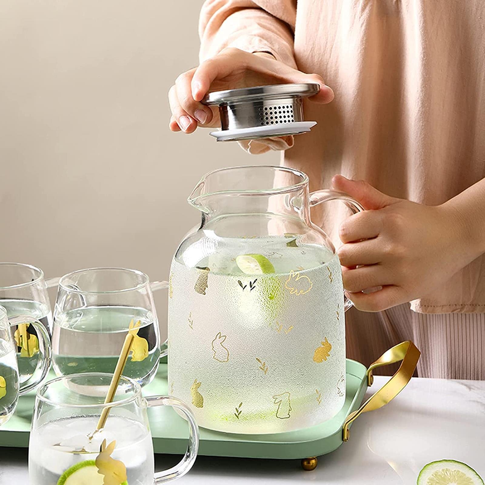Jarra de Agua Simple Jarra de Vidrio de borosilicato con Tapa de Acero Inoxidable Jarra fría de Gran Capacidad Linda Tetera para Jugo, Leche, Caliente y Col