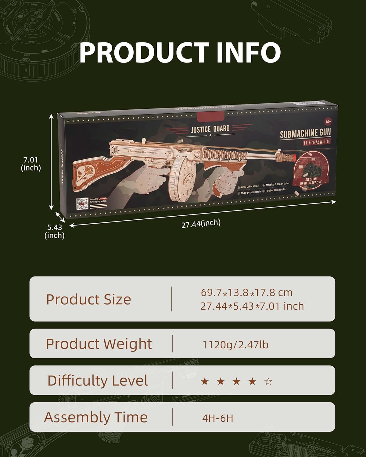 Rowood 3D Puzzles for Adults,Rubber Band Tommy Gun Toy Wooden Model Kit,3D Wooden Puzzles Gift Craft for Men,DIY Wooden Building Kits,Unique Gifts for Adults - Image 4