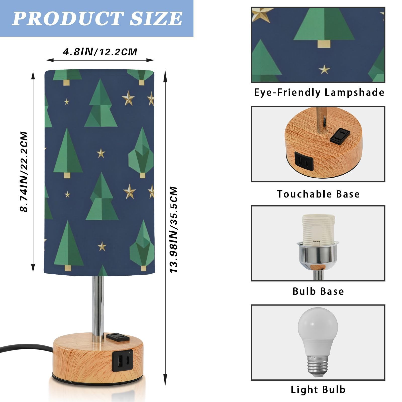 Kształt choinki wzór gwiazdy lampa stołowa do sypialni lampy biurkowe z portami USB C+A żarówka LED w zestawie na kemping