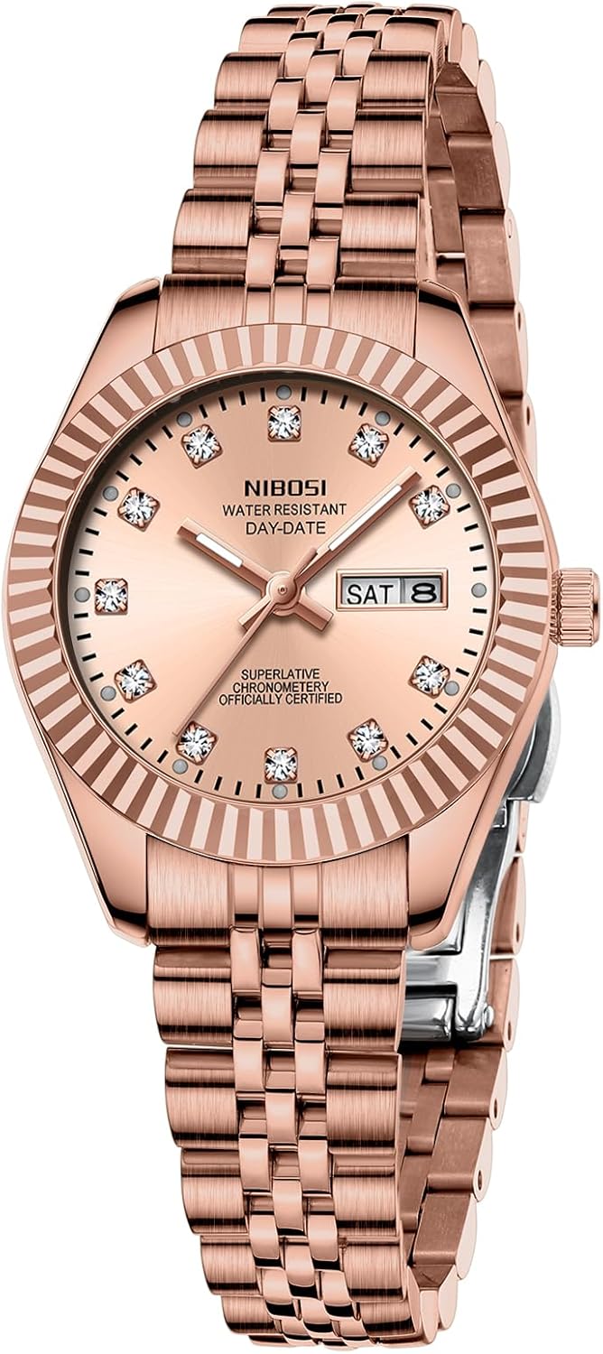 NIBOSI Watches for Women Analog Quartz Stainless Steel Dial with Day Date Luminous Waterproof Dainty Classic Luxury Diamond Elegant Dress Women's Watch for Small Wrists