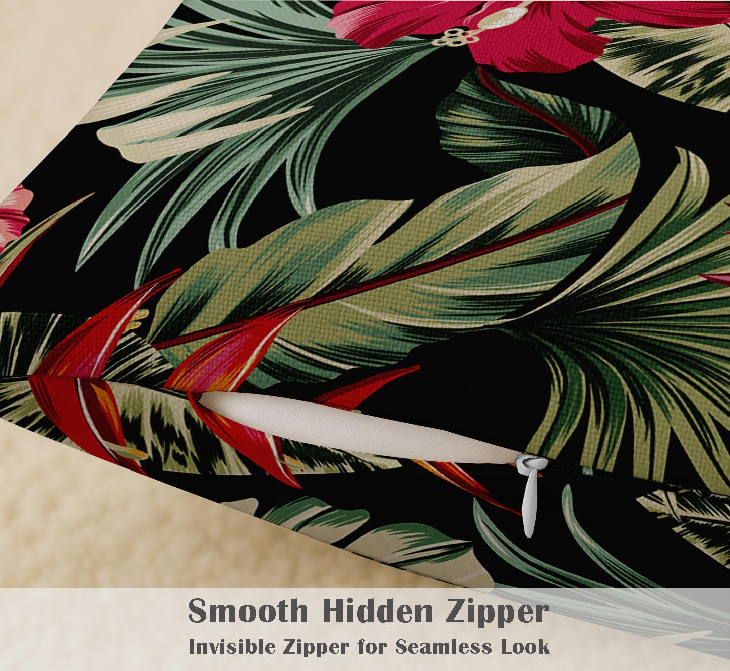 Tropical Design, Decorative Cushion Covers Set of 4-16x16 Inch, 100% Cotton, Printed on Both Sides, Hidden Zipper, Black