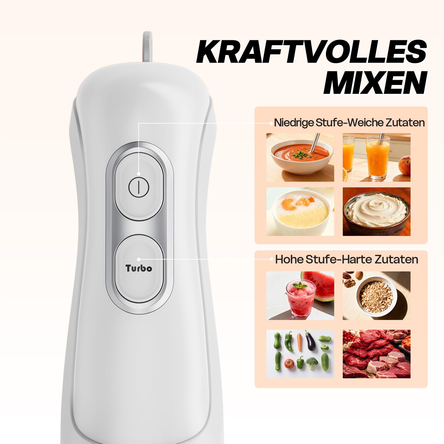 BESROY 1100W Stabmixer Edelstahl, Elektrischer Pürierstab & Hand Blender mit 2 Geschwindigkeitsstufen + Turbo, Kupfermotor, Spülmaschinenfest, für Babynahrung, Smoothies & Suppen, BPA-frei, Weiß