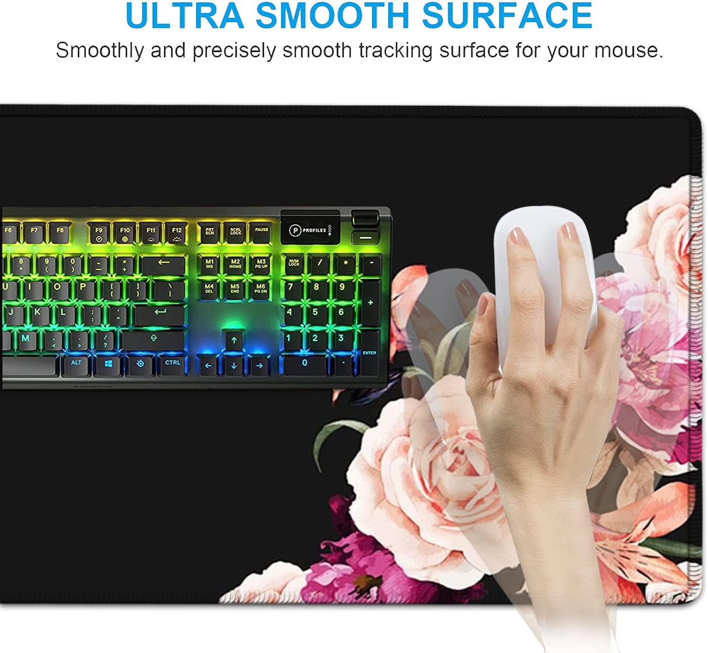 Black Mouse Pad,Keyboard Mouse Pad Set,Extended Gaming Mouse Pad + Memory Foam Keyboard Wrist Rest Support,Peony Flower Office Desk Mat Writing Pad Easy Typing Pain Relief,XXL Large Mousepad Desk Mat
