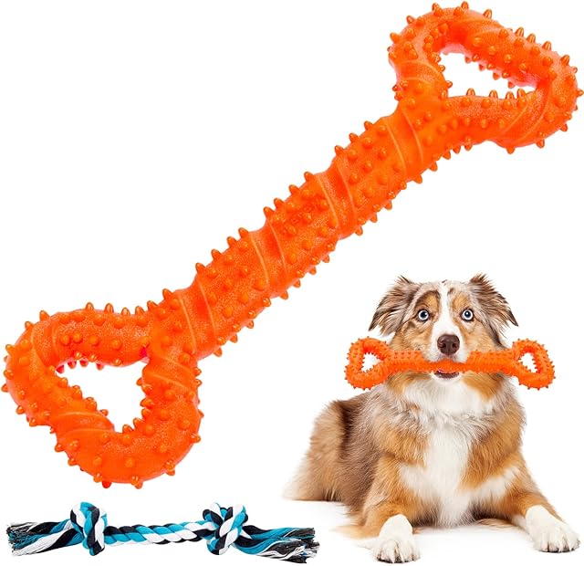 Auoinge Dog Chew toys for Aggressive Chewers, Indestructible Dog Toys for Boredom TPR Dog Teeth Cleaning Toys for Medium Large Dogs 13 Inches with Rope Gift 