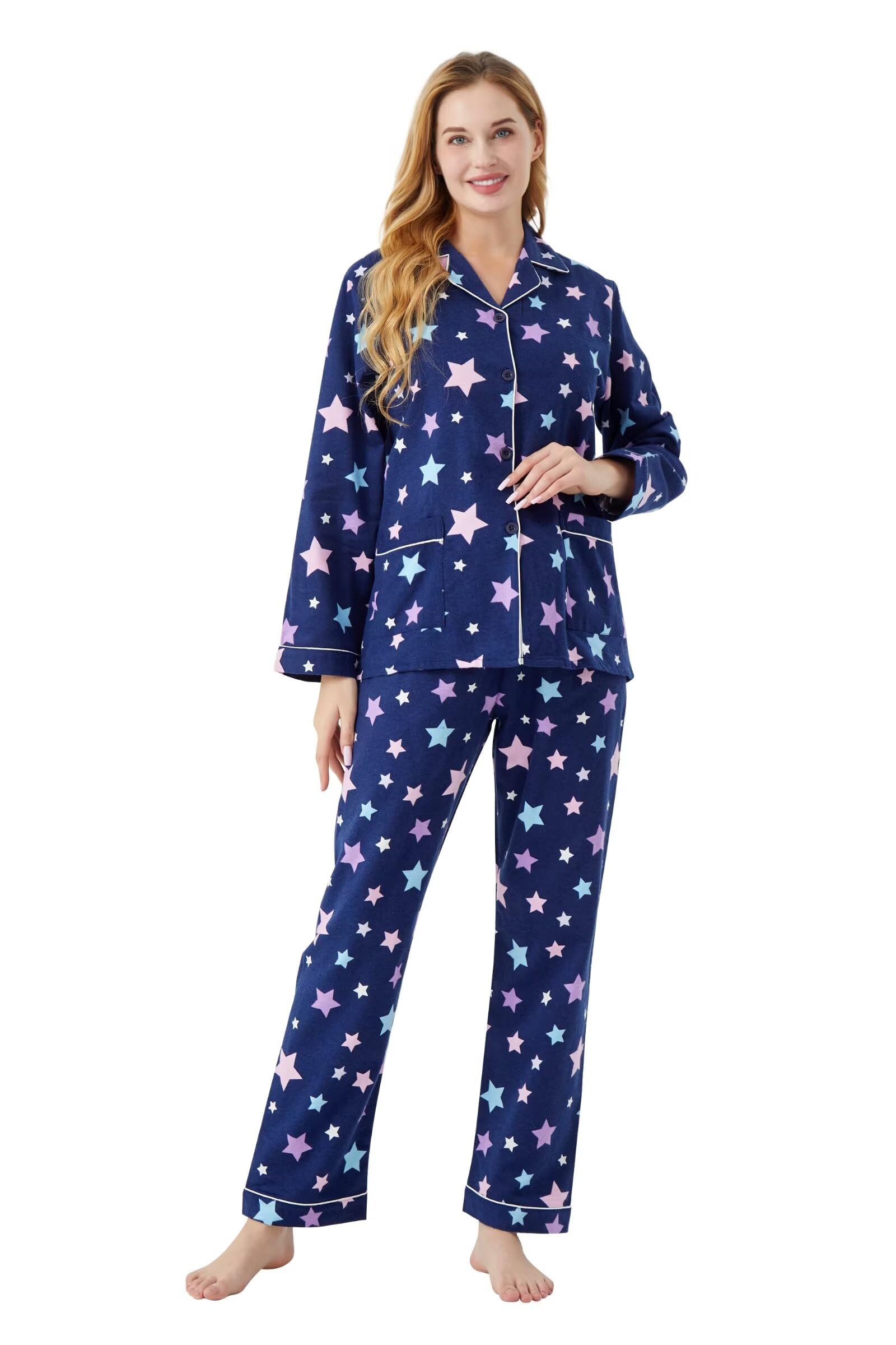 Pyjama en Flanelle de Coton pour Femme 100% Coton - Pyjama Doux et Confortable pour Femme Étoile Colorée M