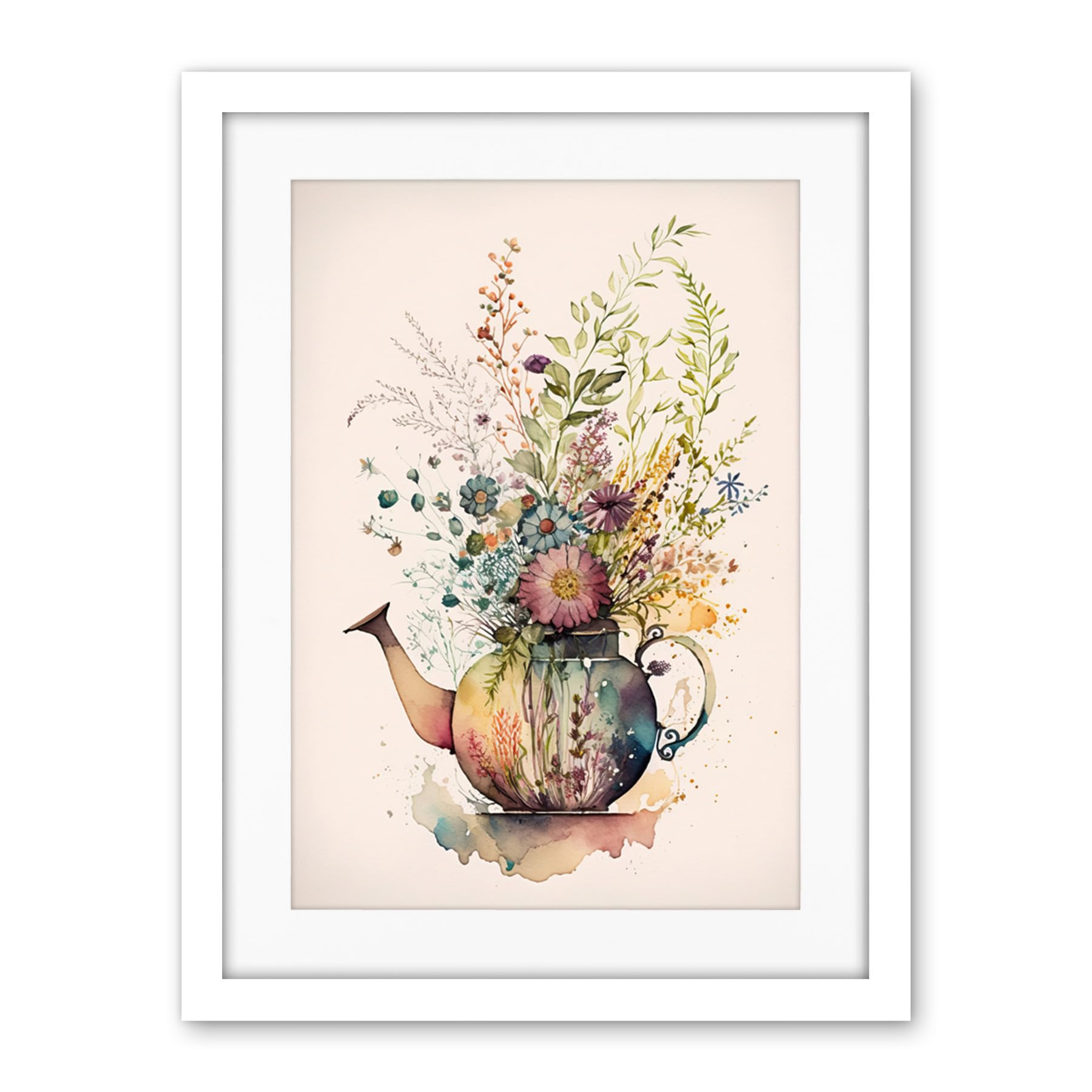 Artery8 Wildflower Floral Spring Bouquet in a Teapot Vase Artwork Framed Wall Art Print 18X24 Inch