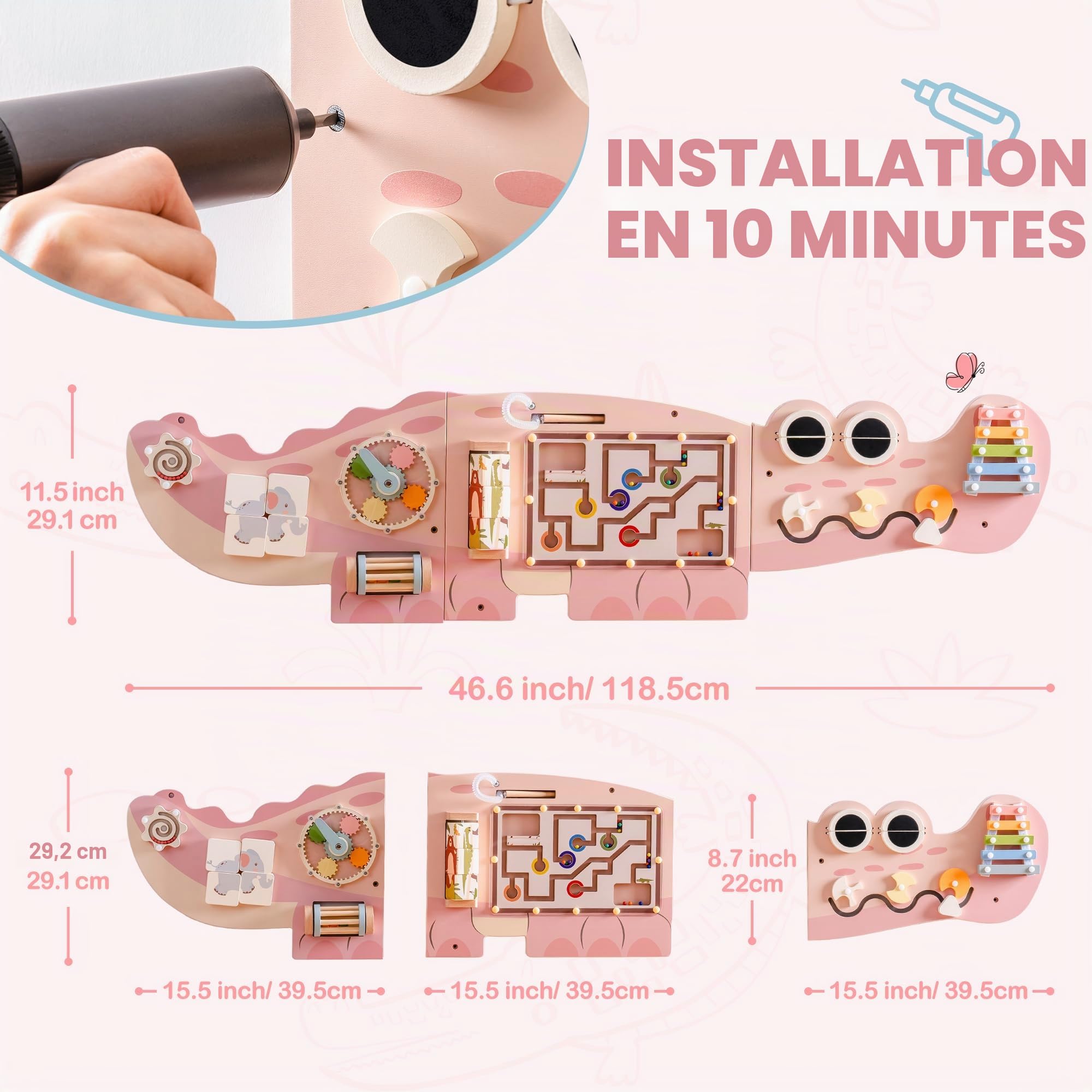 ROBUD Planche d'activités Montessori 8 en 1 Planche murale en bois Labyrinthe de perles magnétiques Xylophone Engrenages Cadeau pour enfants et filles à partir de 3 ans